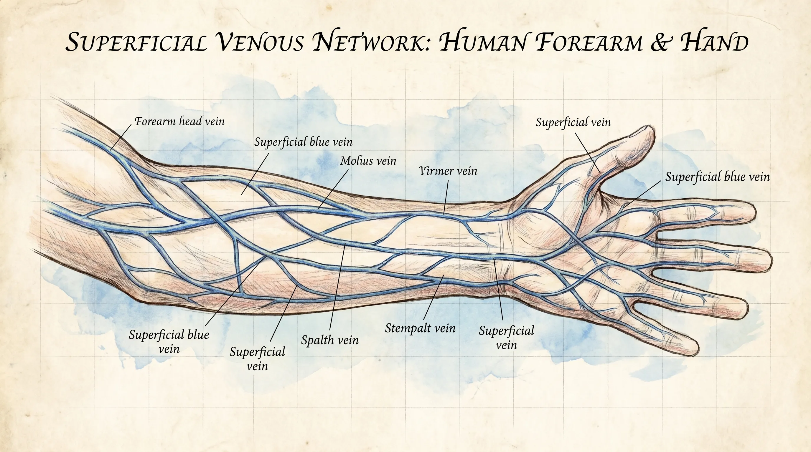 Detailed anatomical illustration showing the superficial venous network of the human forearm and hand, overlaid on a clean medical diagram background with soft blue shading