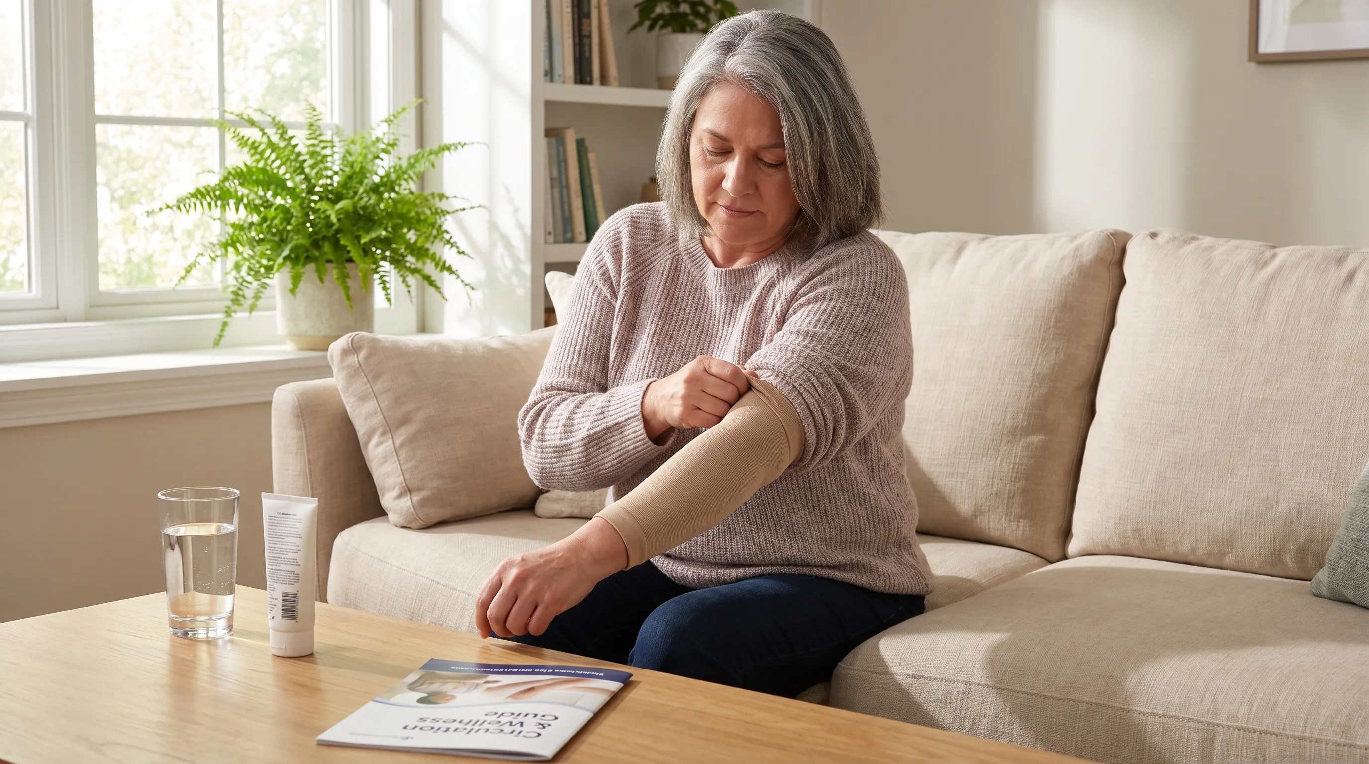 A middle-aged individual applying a mild compression sleeve to their forearm while sitting on a couch in a calm, well-lit living room, focusing on self-care and circulation management