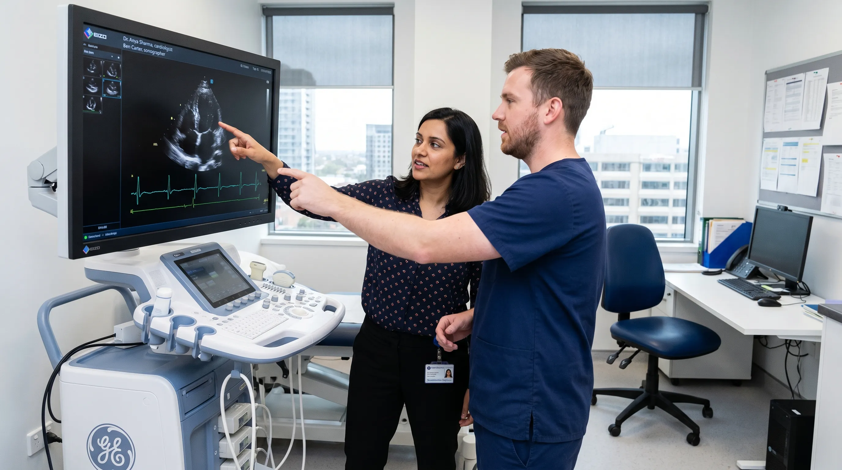 A cardiologist and cardiac sonographer reviewing echocardiogram images on a high-resolution monitor while discussing patient data in a modern diagnostic imaging suite