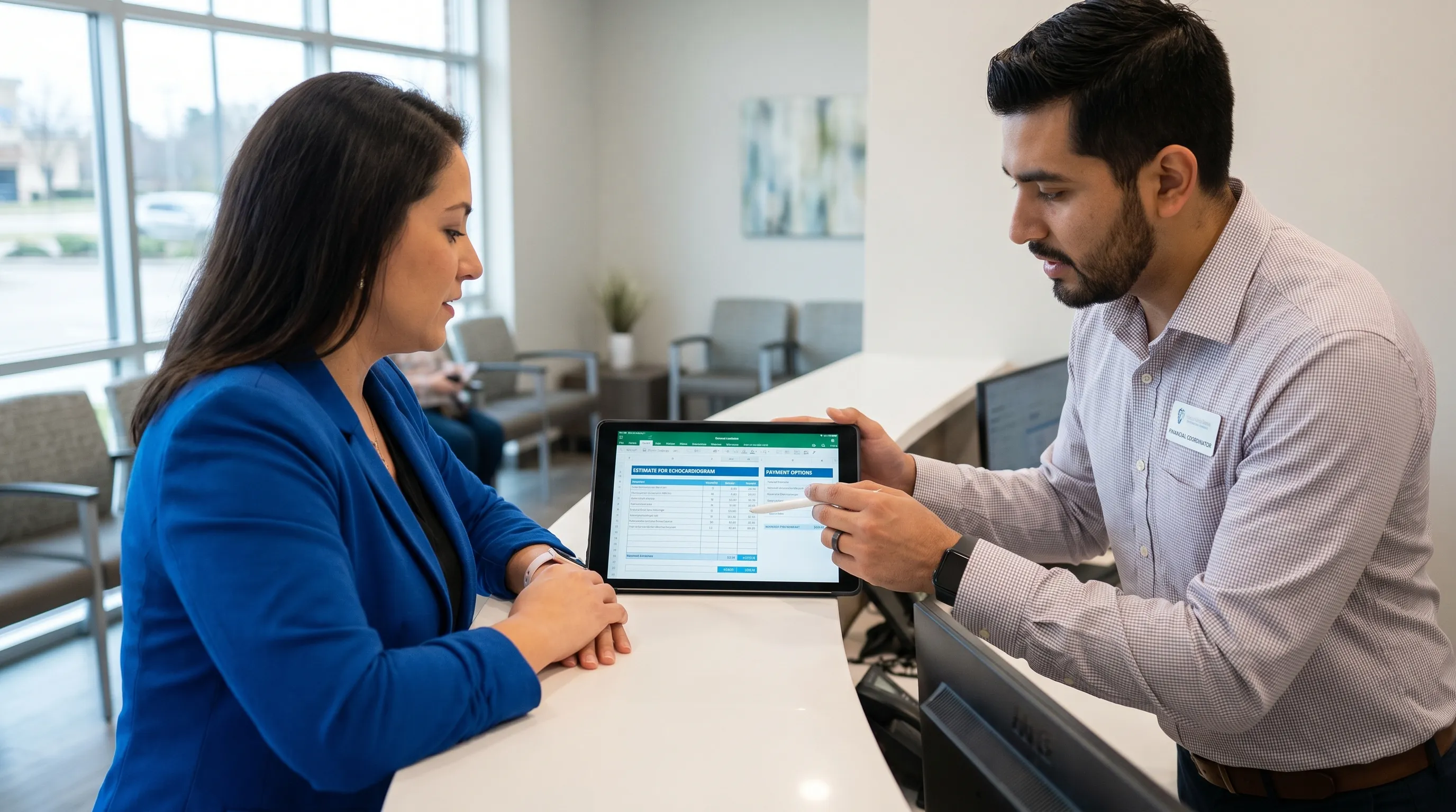A patient consulting with a healthcare financial coordinator at a reception desk, reviewing an itemized echocardiogram cost estimate and payment options on a tablet device