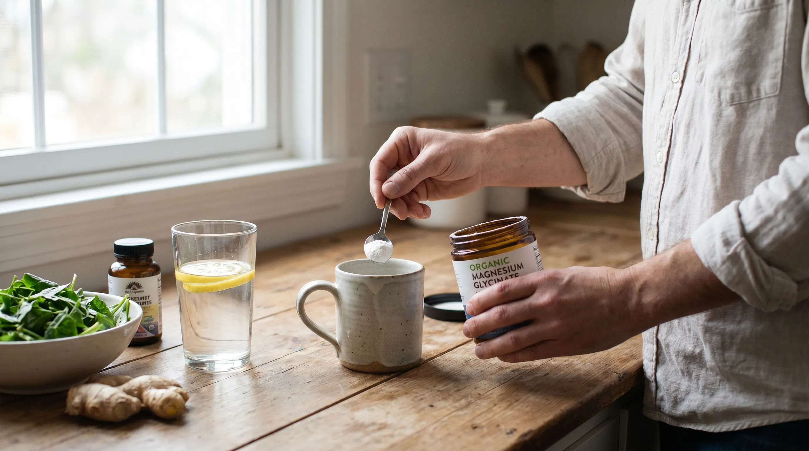Professional wellness routine showing an adult carefully measuring magnesium glycinate powder into a ceramic mug beside fresh ingredients and a glass of water