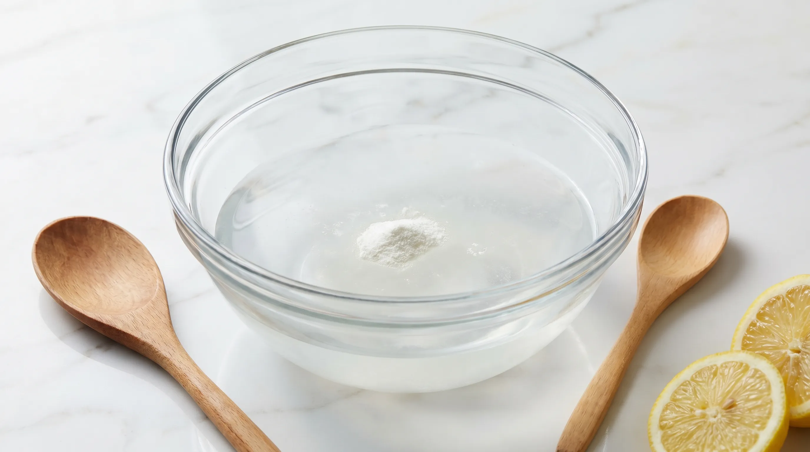 Close-up view of clear glass mixing bowl with dissolved magnesium glycinate powder in water next to a wooden spoon and fresh lemon slices on a marble countertop