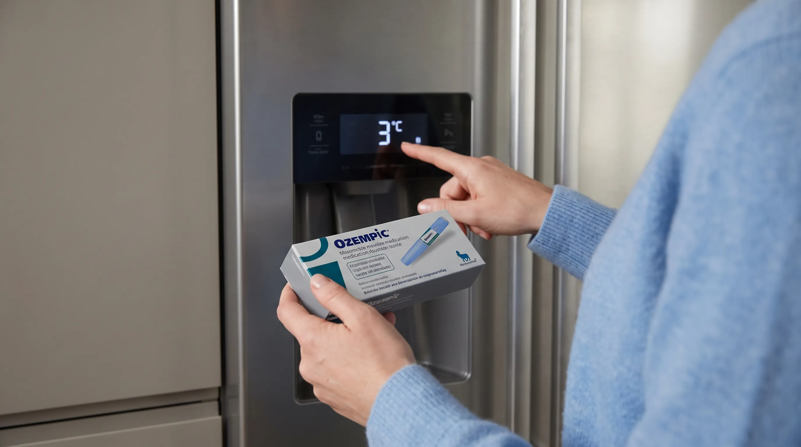 A close-up lifestyle photo of a patient checking the temperature on a digital fridge display while holding an Ozempic pen box, gray and blue tones, 4:3 ratio, professional medical photography style