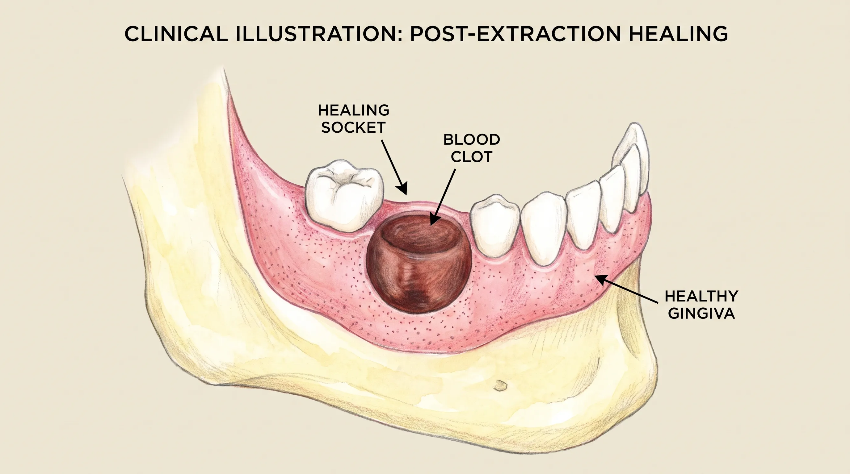 A detailed medical illustration showing a healthy dental extraction socket with a stable dark red blood clot, surrounded by healthy gum tissue, clinical style, soft lighting