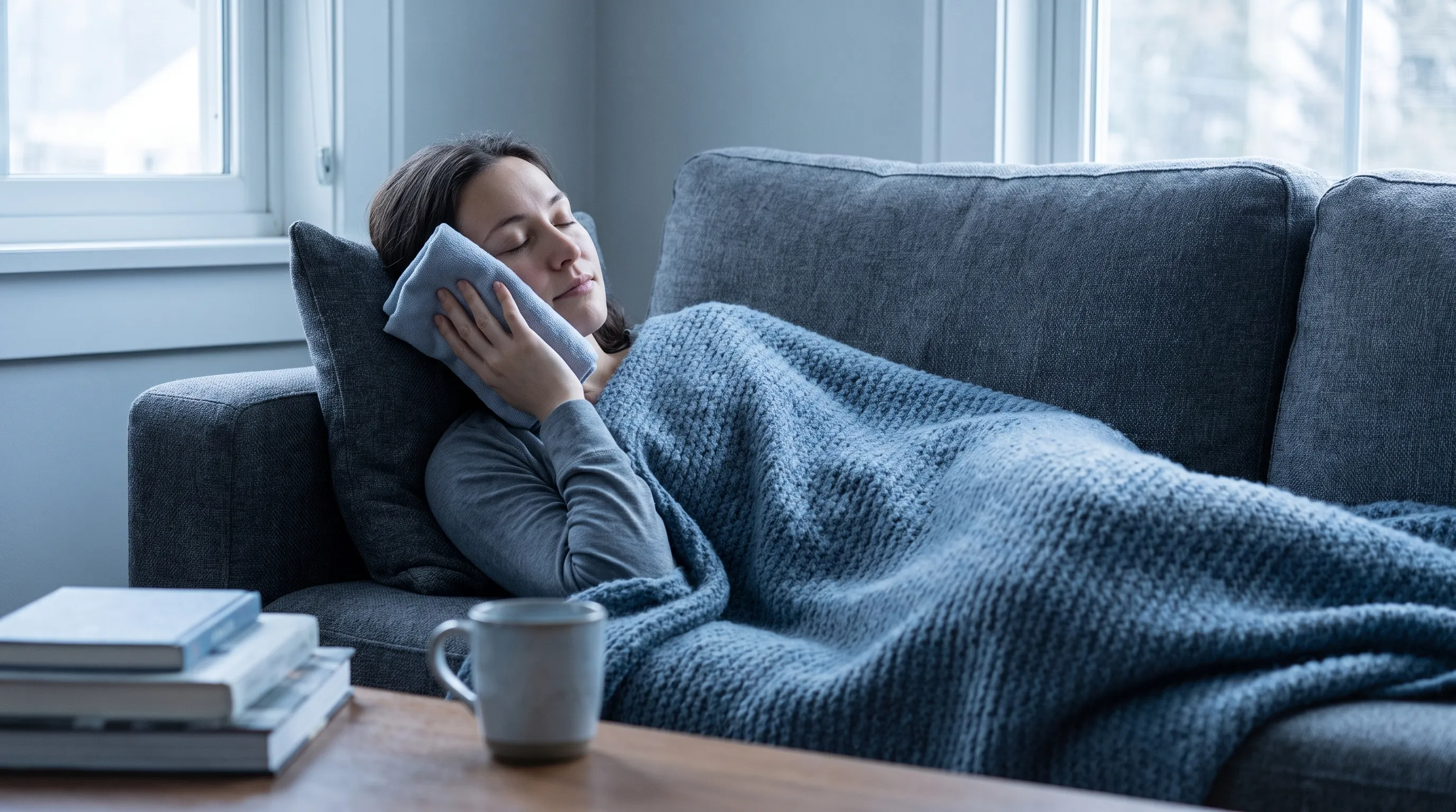 A patient gently holding a cold compress to their cheek while resting on a couch with a soft blanket, calm atmosphere, muted blue and gray tones, photorealistic health photography