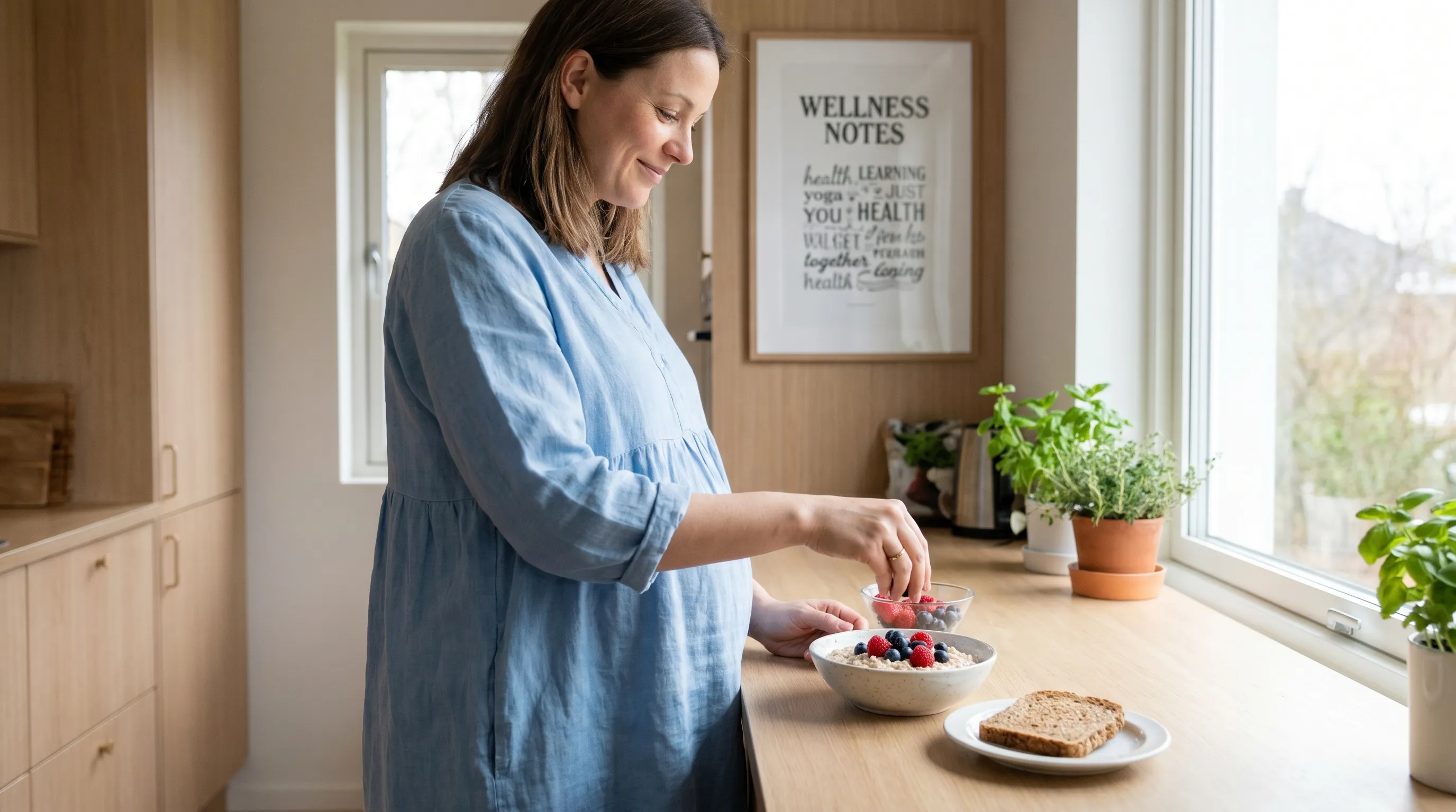 A serene lifestyle scene showing a pregnant woman in a light blue maternity dress preparing a high-fiber breakfast with berries, oats, and whole grain toast, soft natural lighting, clinical wellness aesthetic, 4:3 ratio