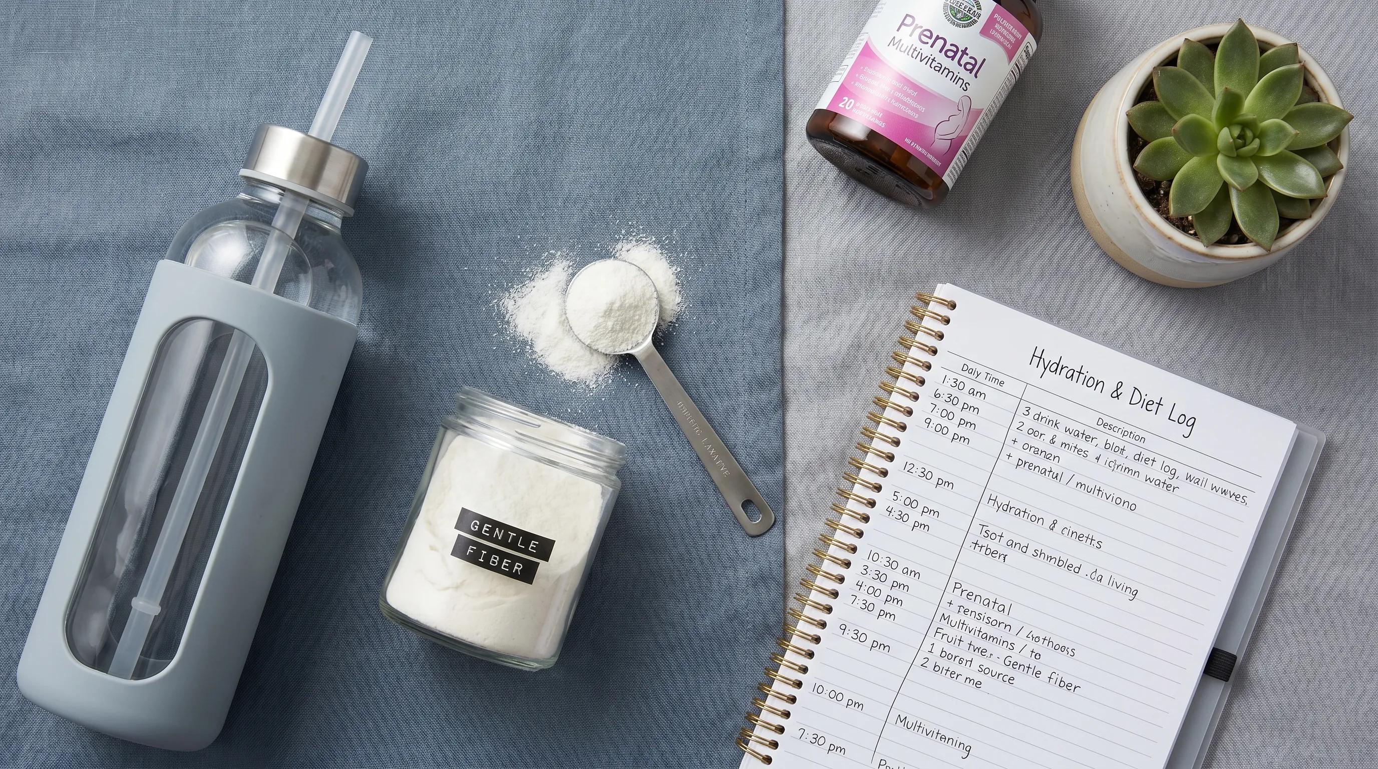 A detailed flat-lay composition of pregnancy-safe digestive health essentials: a measuring spoon with osmotic laxative powder, a large water bottle, a notebook tracking hydration and diet, a prenatal multivitamin, and a small potted green plant, muted blue and gray background, professional health photography, 4:3 ratio