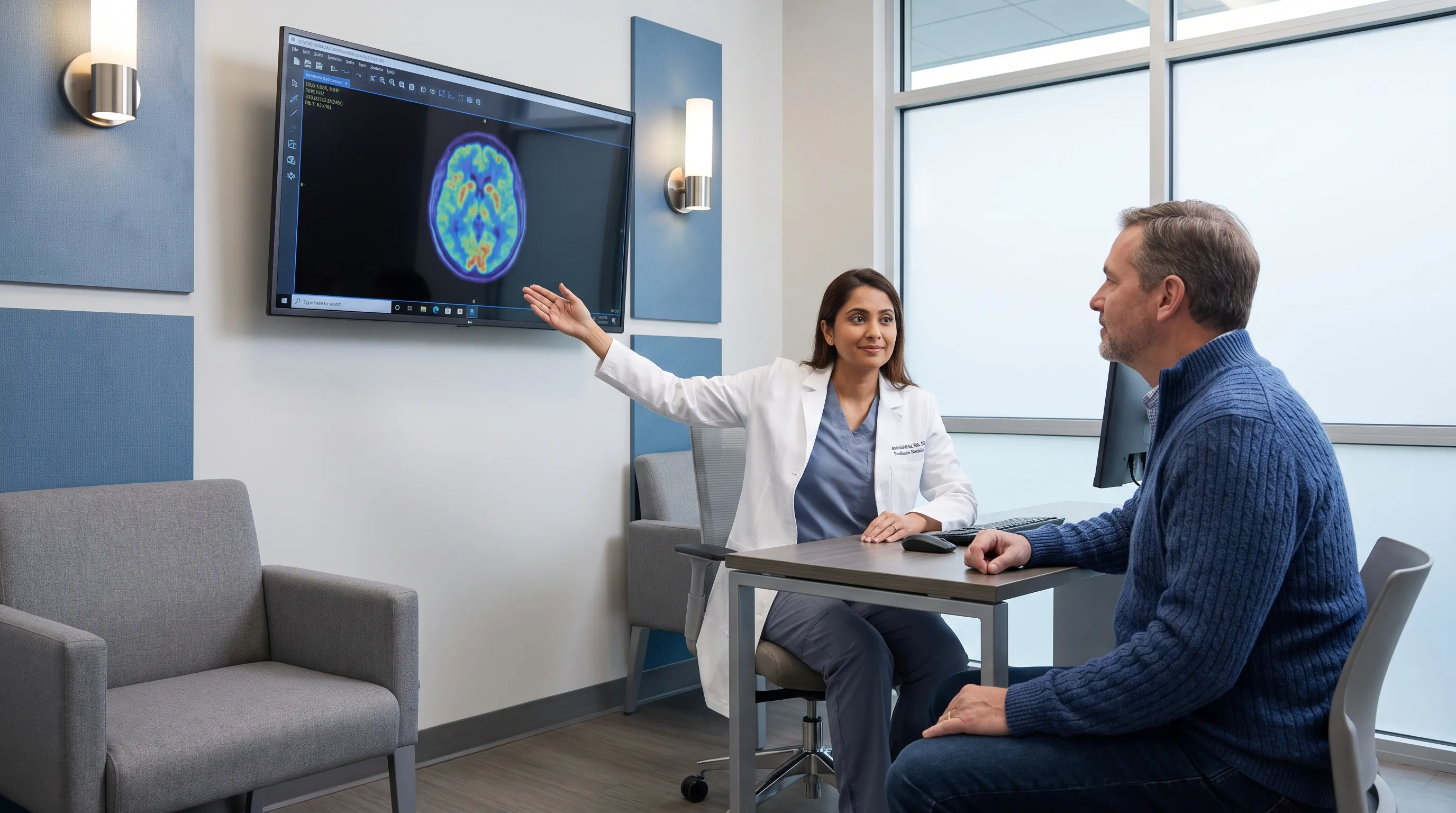 A medical professional in a modern radiology suite explains PET imaging results to a patient using digital displays, featuring calm gray and blue lighting