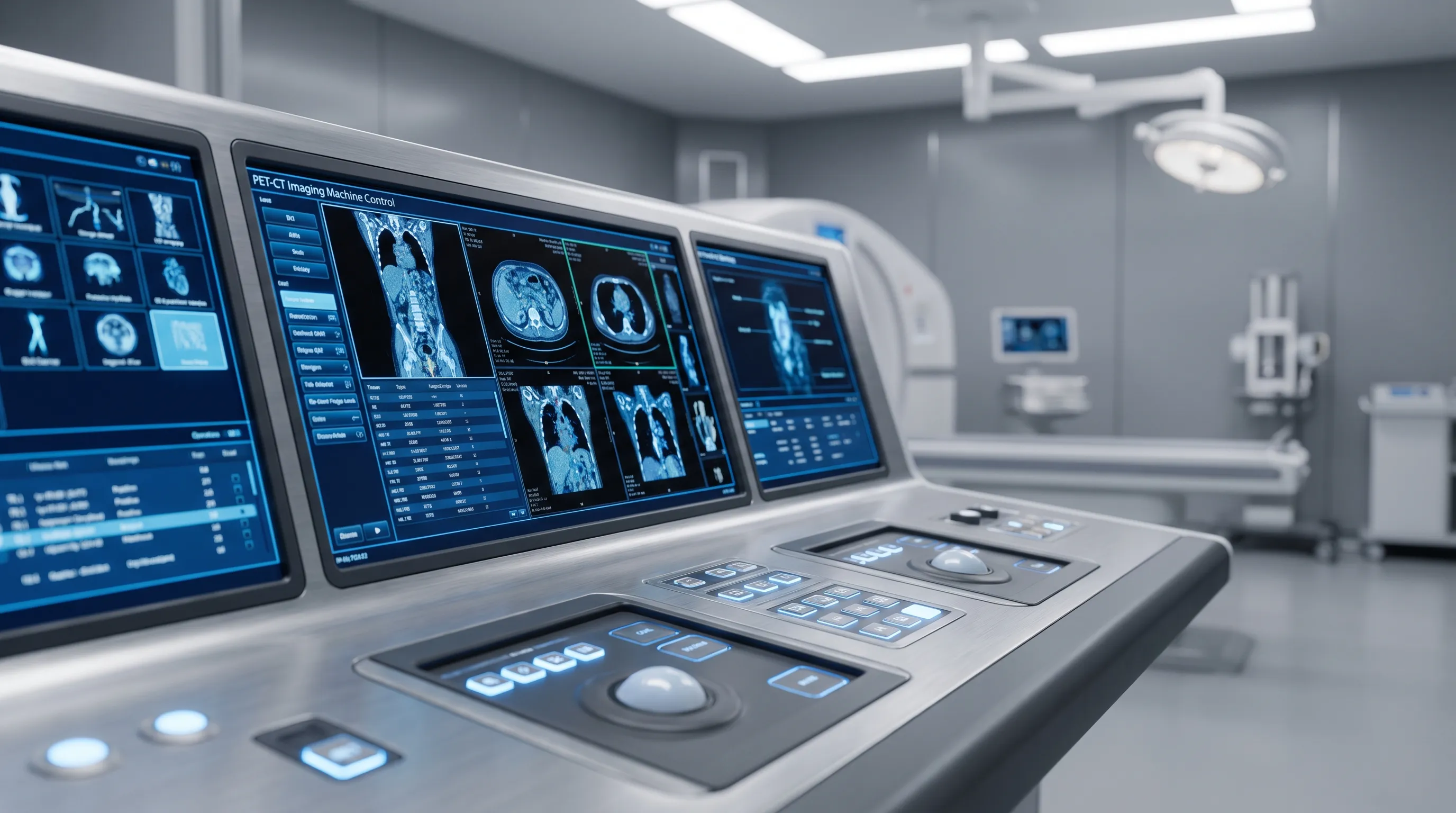 Close-up of a PET-CT imaging console with clinical displays and control panels in a clean medical environment, gray and blue tones
