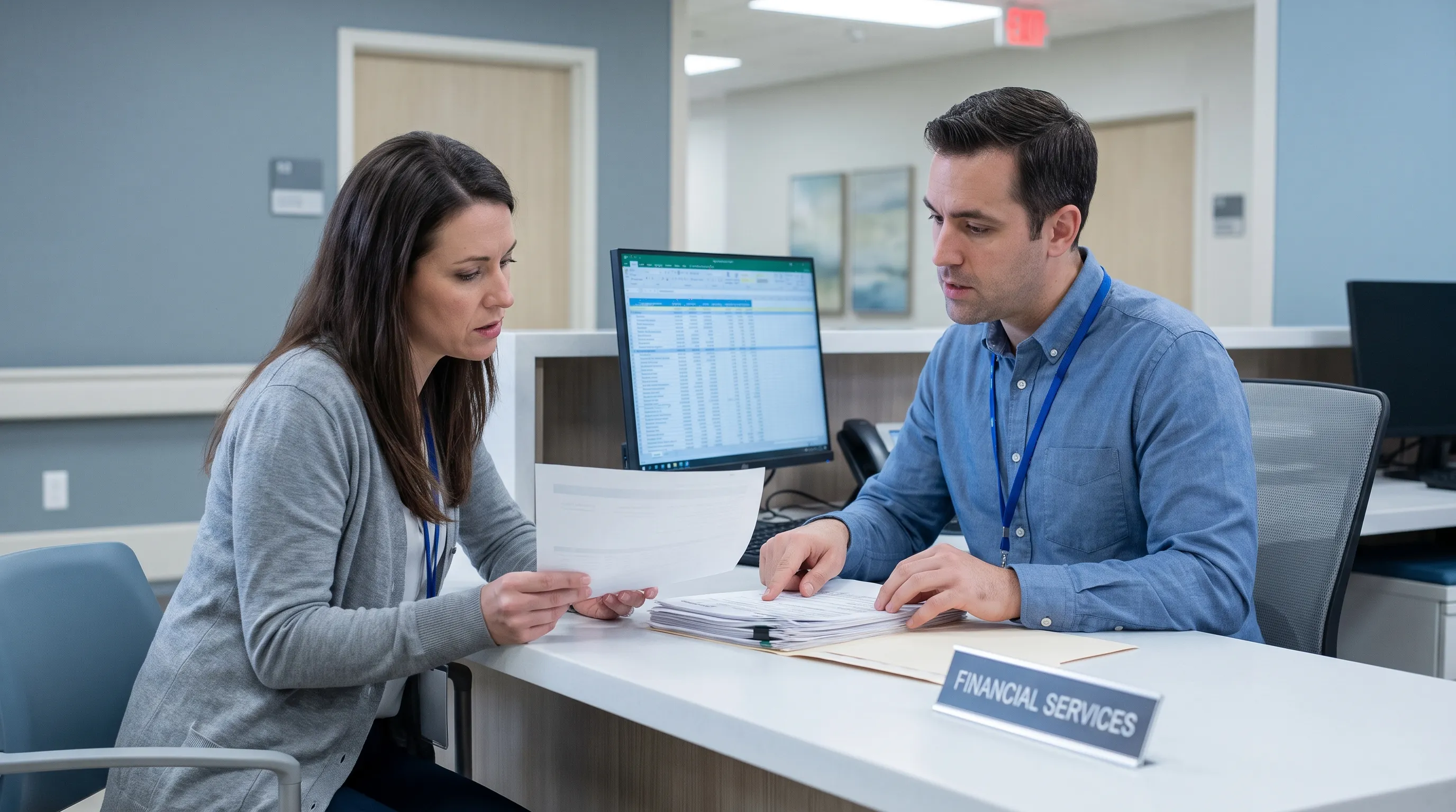 Patient reviewing medical billing documents with a financial counselor in a well-lit consultation room, professional and supportive atmosphere