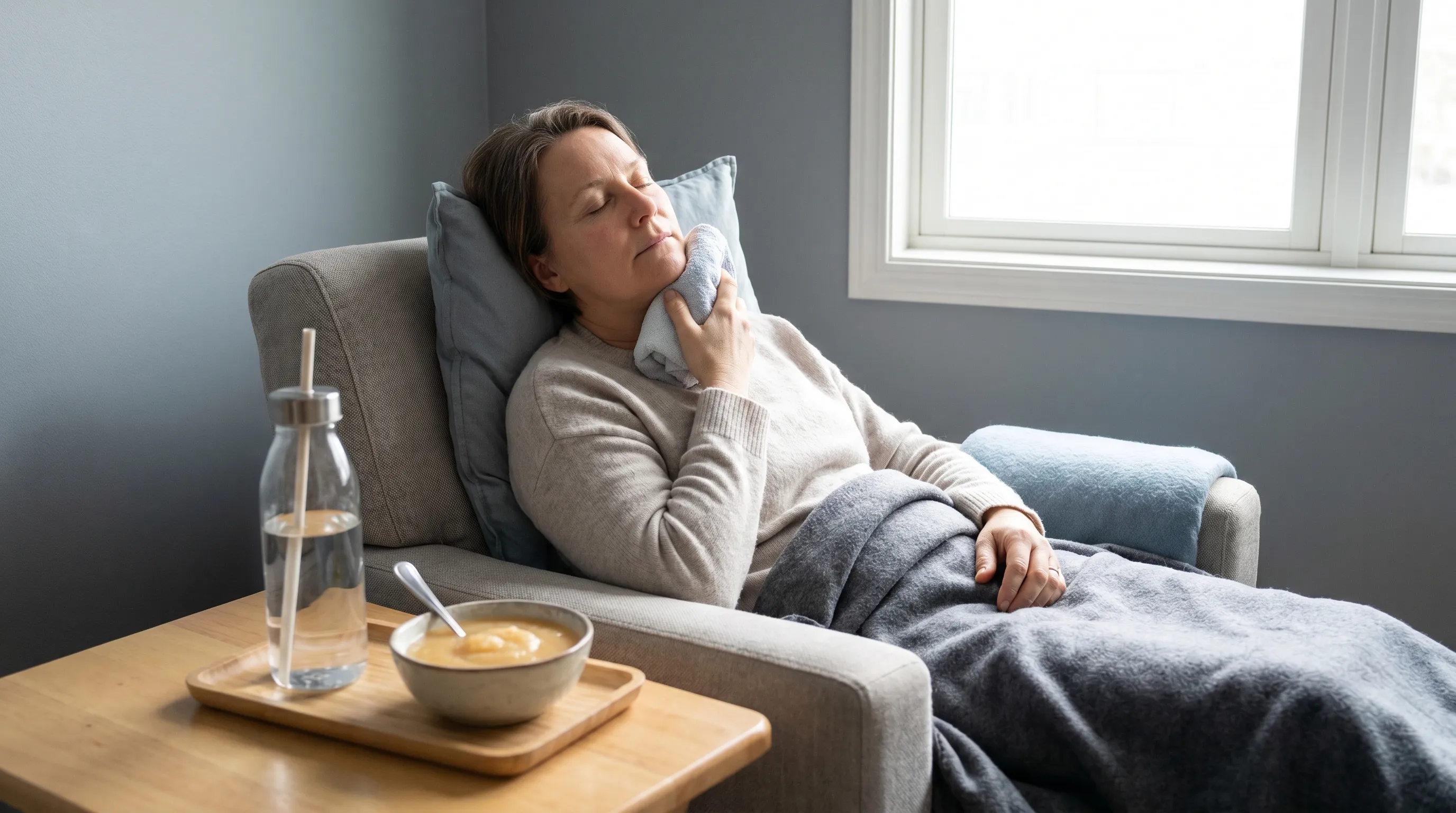 A calm adult resting comfortably in a well-lit recovery space, gently holding a wrapped cold compress against the lower jaw. Soft gray and blue tones dominate the scene, emphasizing tranquility and healing. A small tray with a hydration bottle and soft food sits on a nearby table. Photorealistic, 4:3 ratio.