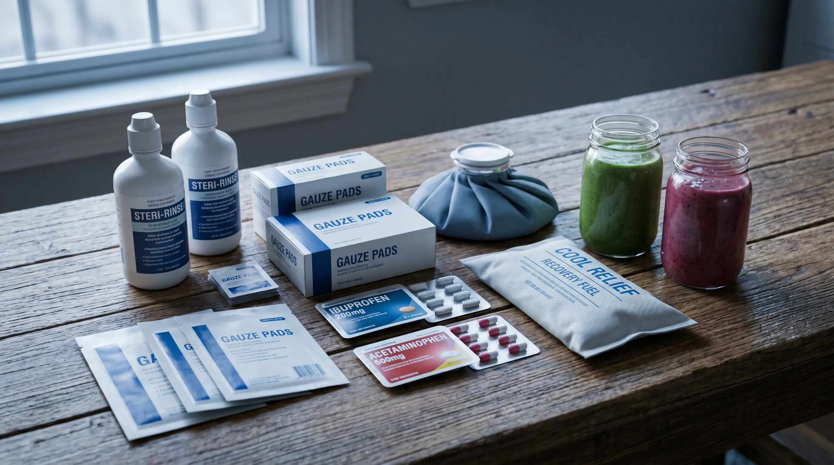 An organized collection of post-operative recovery essentials: sterile saline rinse bottles, gauze pads, over-the-counter pain medication blister packs, an ice pack, and containers of nutrient-dense soft foods arranged on a clean countertop. Cool gray and blue lighting creates a clinical yet comforting atmosphere. Photorealistic, 4:3 ratio.
