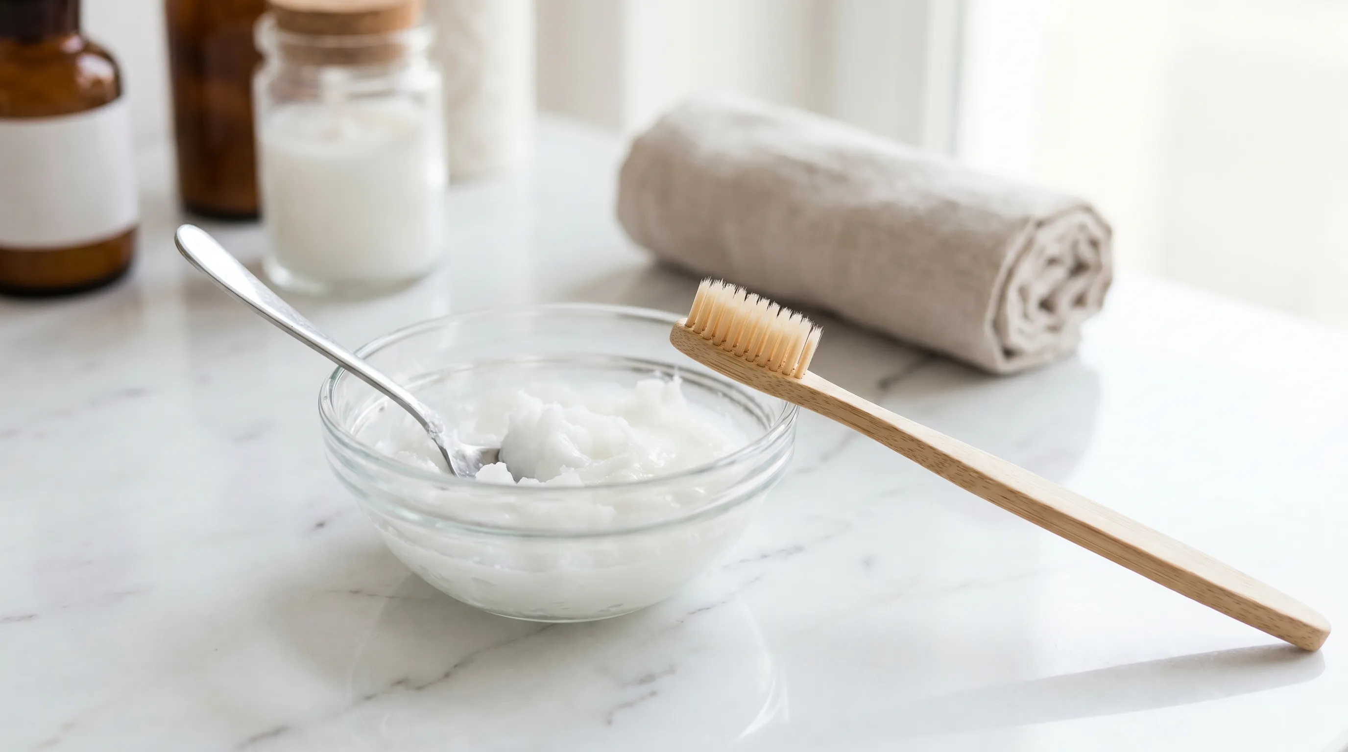 Close-up professional health photo of organic virgin coconut oil in a glass bowl next to a soft-bristled toothbrush on a clean marble countertop, natural daylight, clinical wellness aesthetic