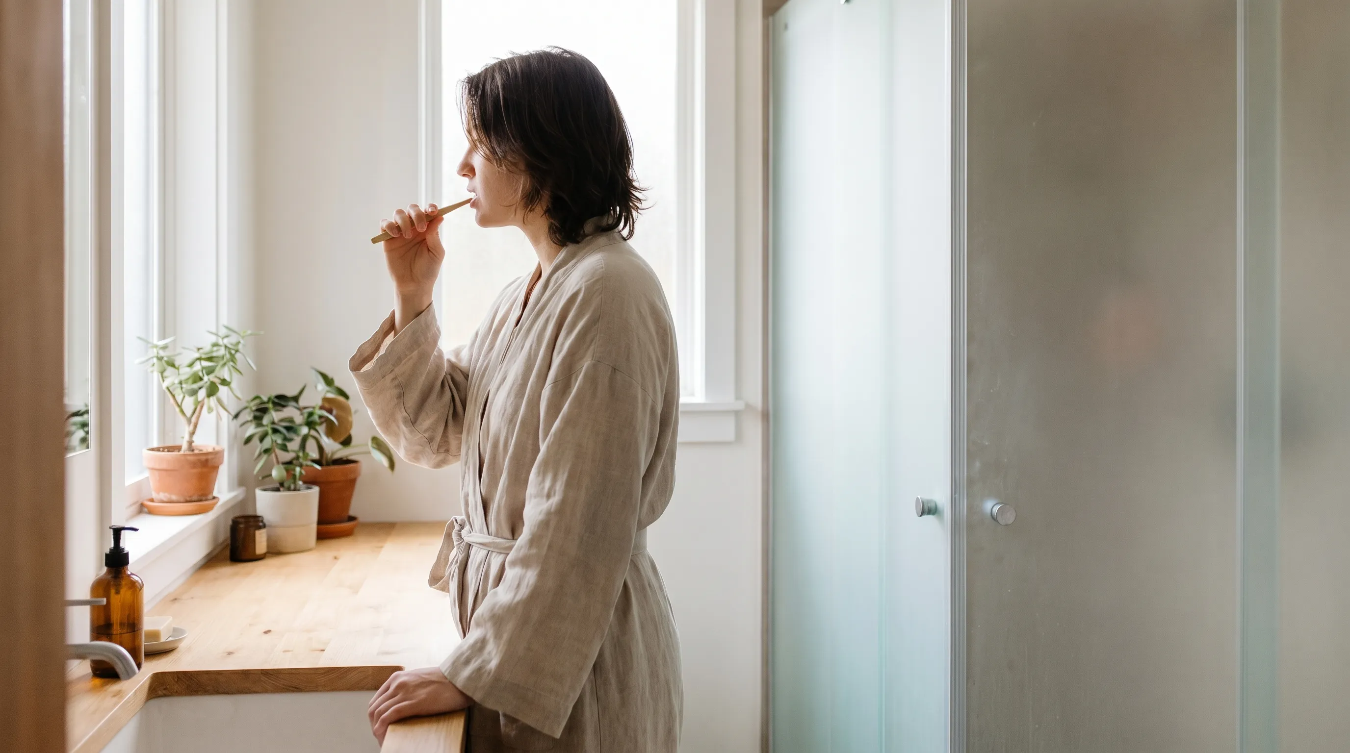 Lifestyle image of an adult practicing gentle morning oral care routine in a serene, minimalist bathroom setting, soft focus background, health and self-care theme