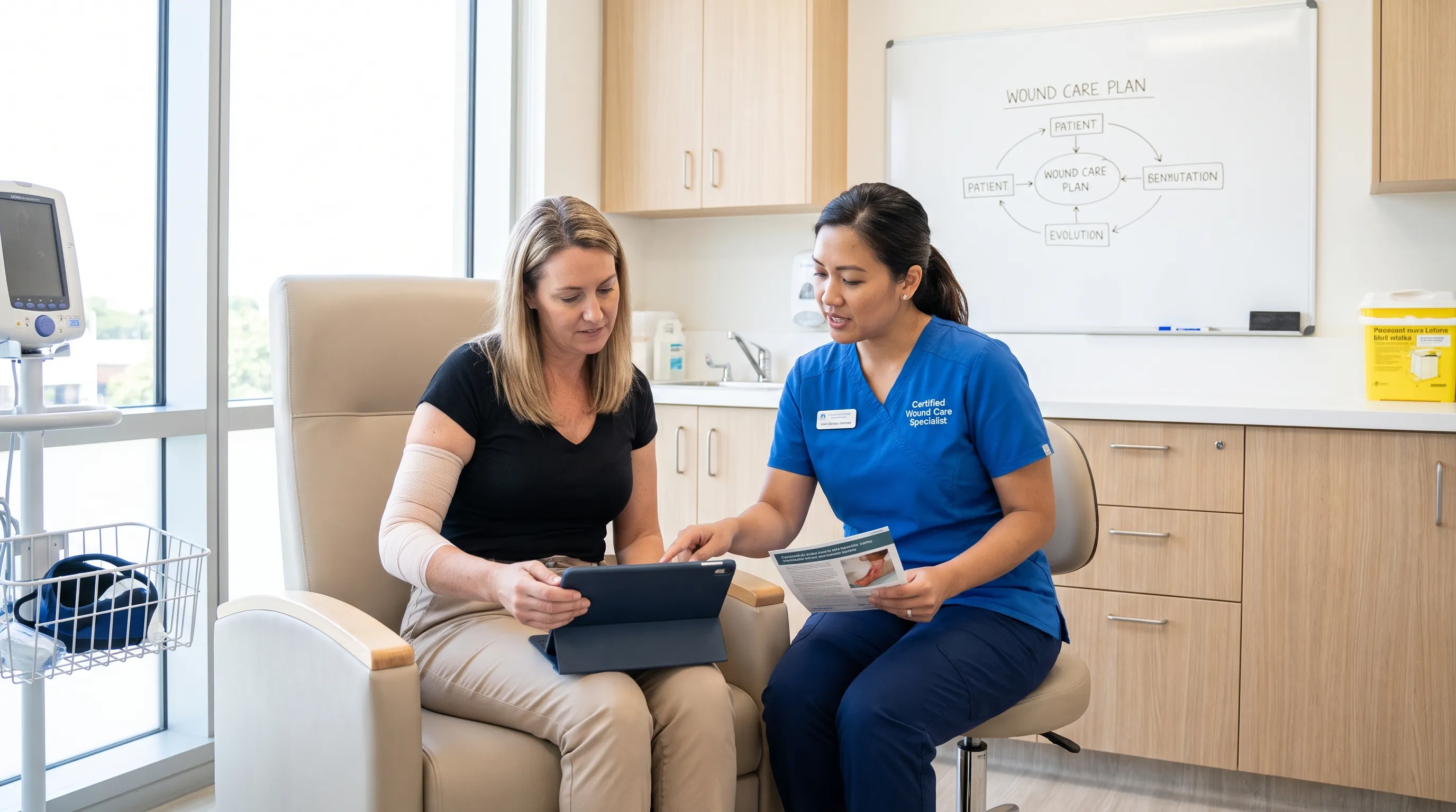 Patient reviewing postoperative wound care instructions with a certified wound care specialist in a modern clinical setting