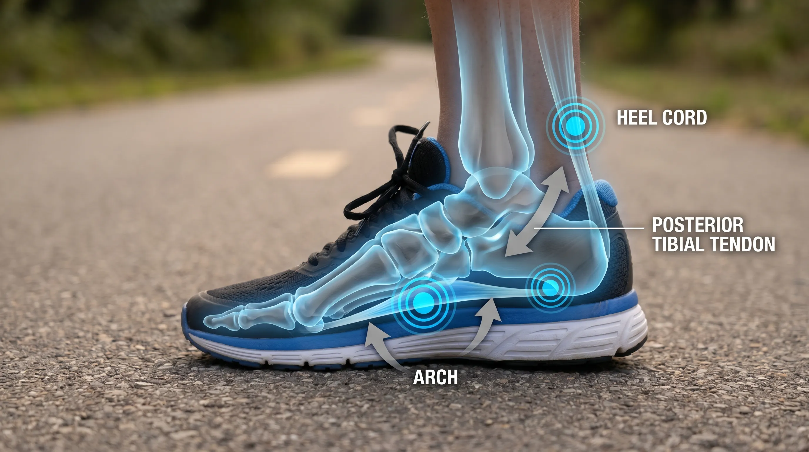 Superposition anatomique en gros plan sur une photo de style de vie montrant la voûte médiale, le tendon d'Achille et le tendon tibial postérieur, mettant en évidence les points de contrainte biomécanique dans des tons gris et bleus