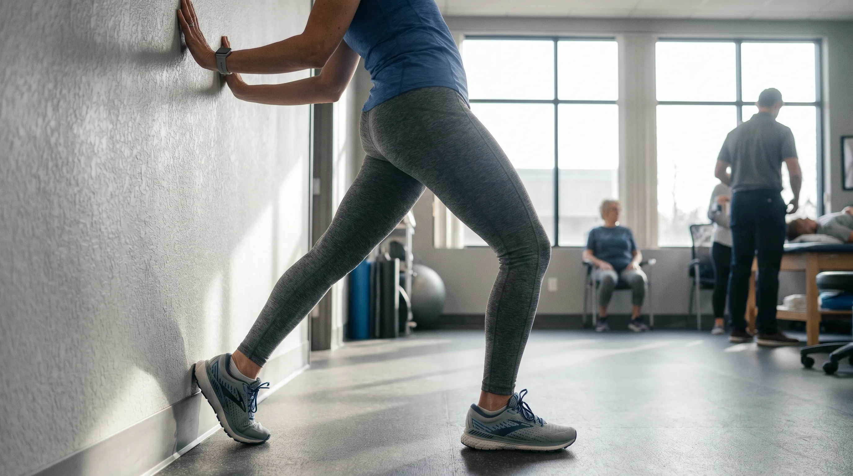 Personne réalisant un étirement du mollet contre un mur dans une clinique de kinésithérapie lumineuse, avec des chaussures de soutien, montrant la bonne posture sous un éclairage naturel doux, nuances de gris et de bleu