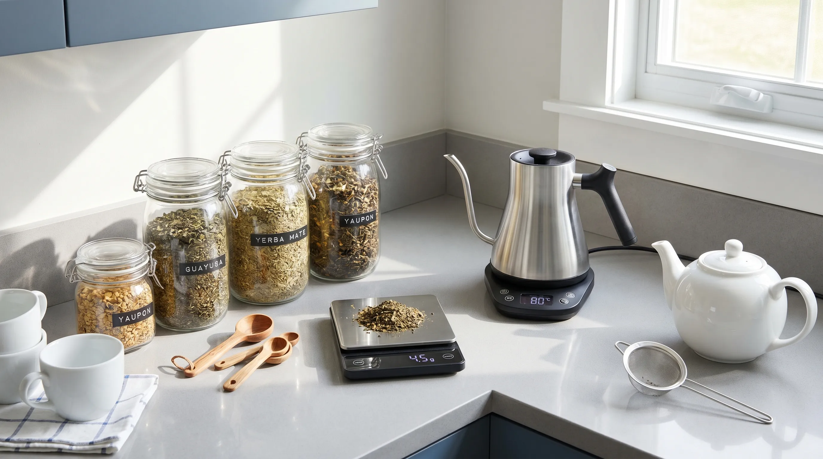 A clean, well-lit kitchen counter displaying various high-caffeine teas in glass jars with measurement spoons, a digital scale, and a precision kettle showing exact temperature. Neutral gray and blue tones, health and wellness photography style