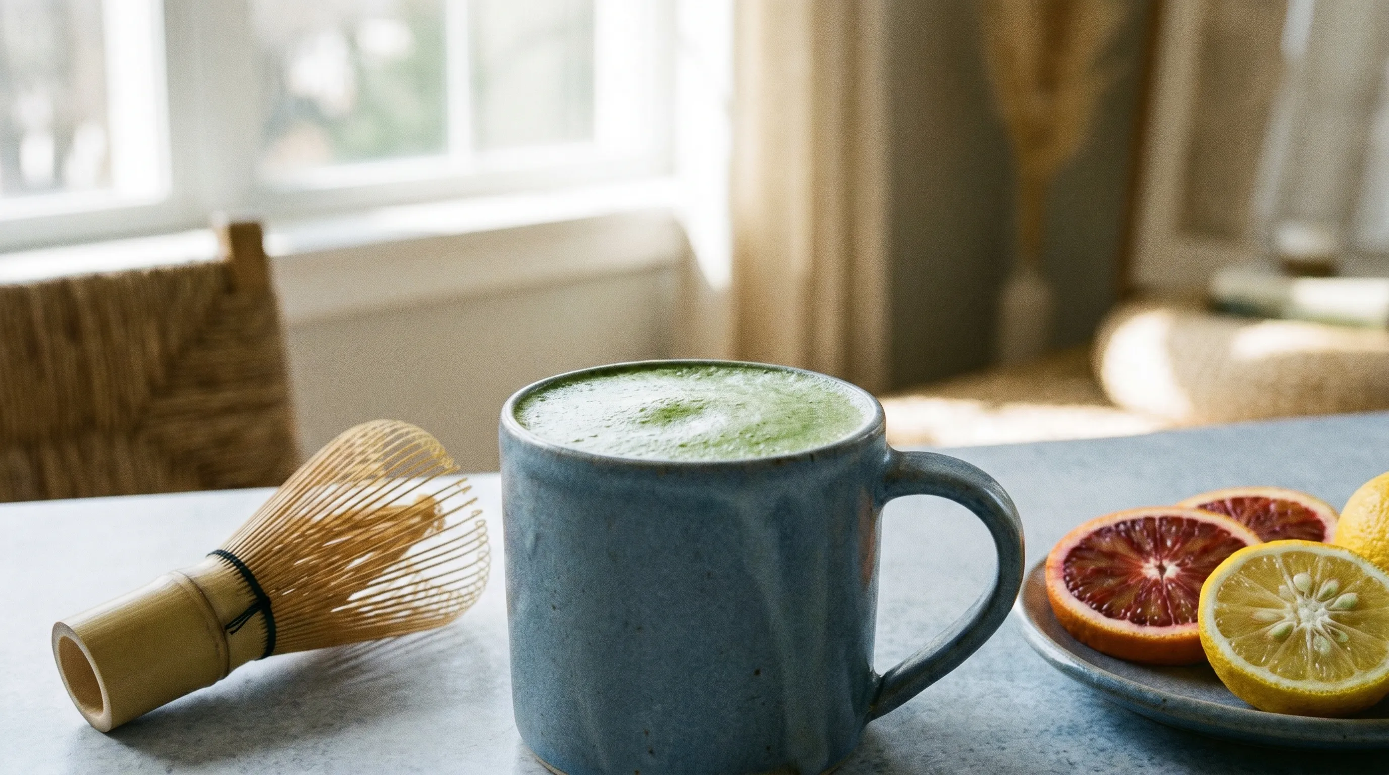 A close-up of a ceramic mug filled with vibrant green matcha alongside a traditional bamboo whisk, a small plate with citrus slices, and a soft-focus background showing morning light. Calming blue-gray palette, editorial wellness style