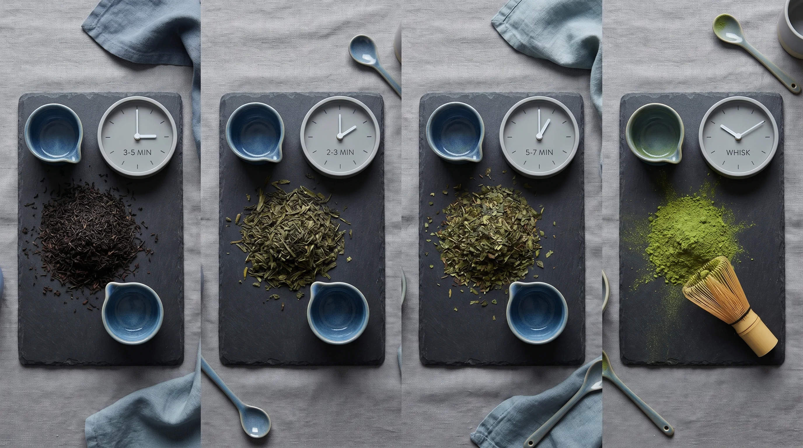 A side-by-side comparison chart styled as a lifestyle flat lay showing different tea leaves (black, green, guayusa, matcha) on natural slate surfaces with measuring cups and clocks indicating steep times. Minimalist gray and blue aesthetic