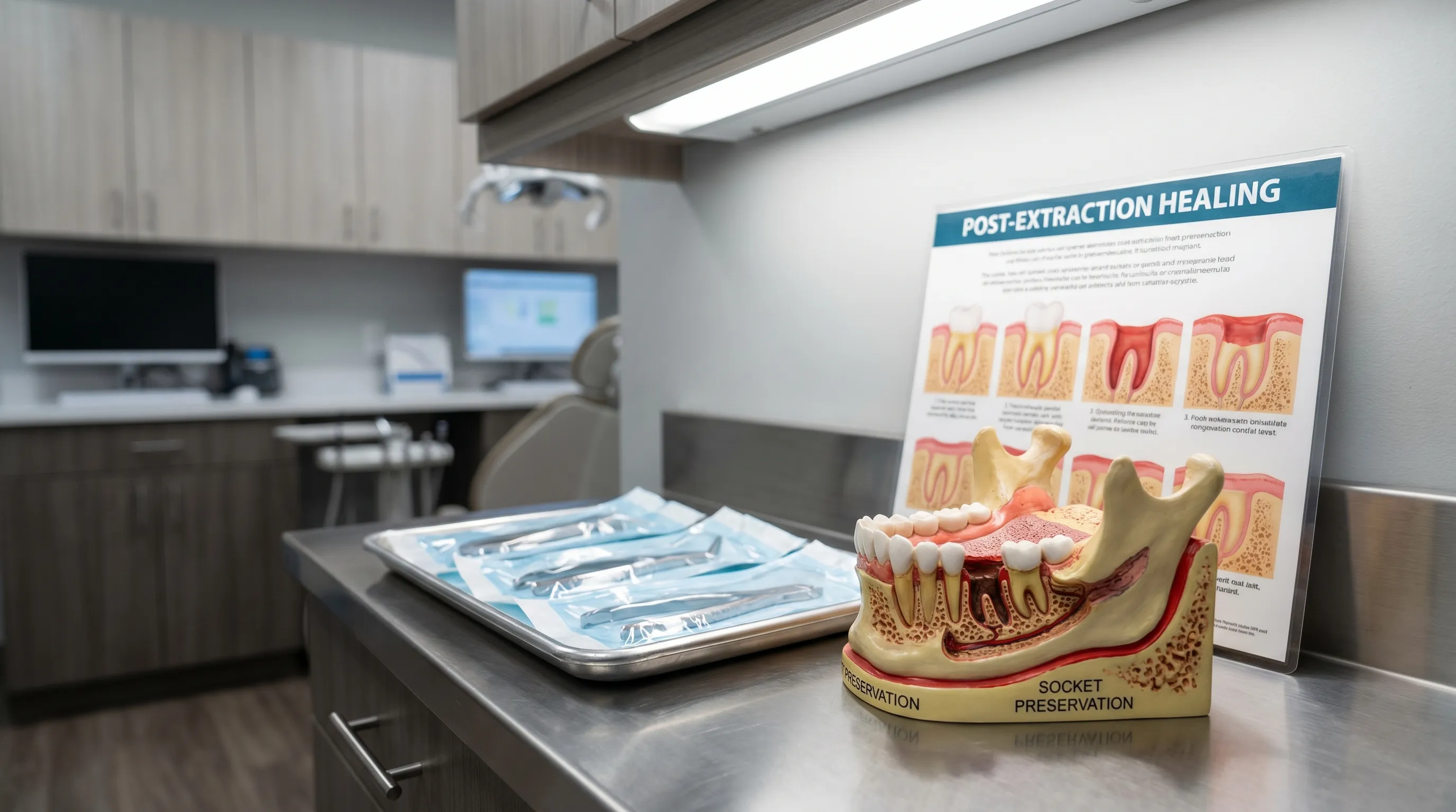 Professional dental clinic environment showing sterile surgical instruments, a detailed anatomical model of a tooth socket, and a clean, well-lit counter, photographed in a clinical educational style