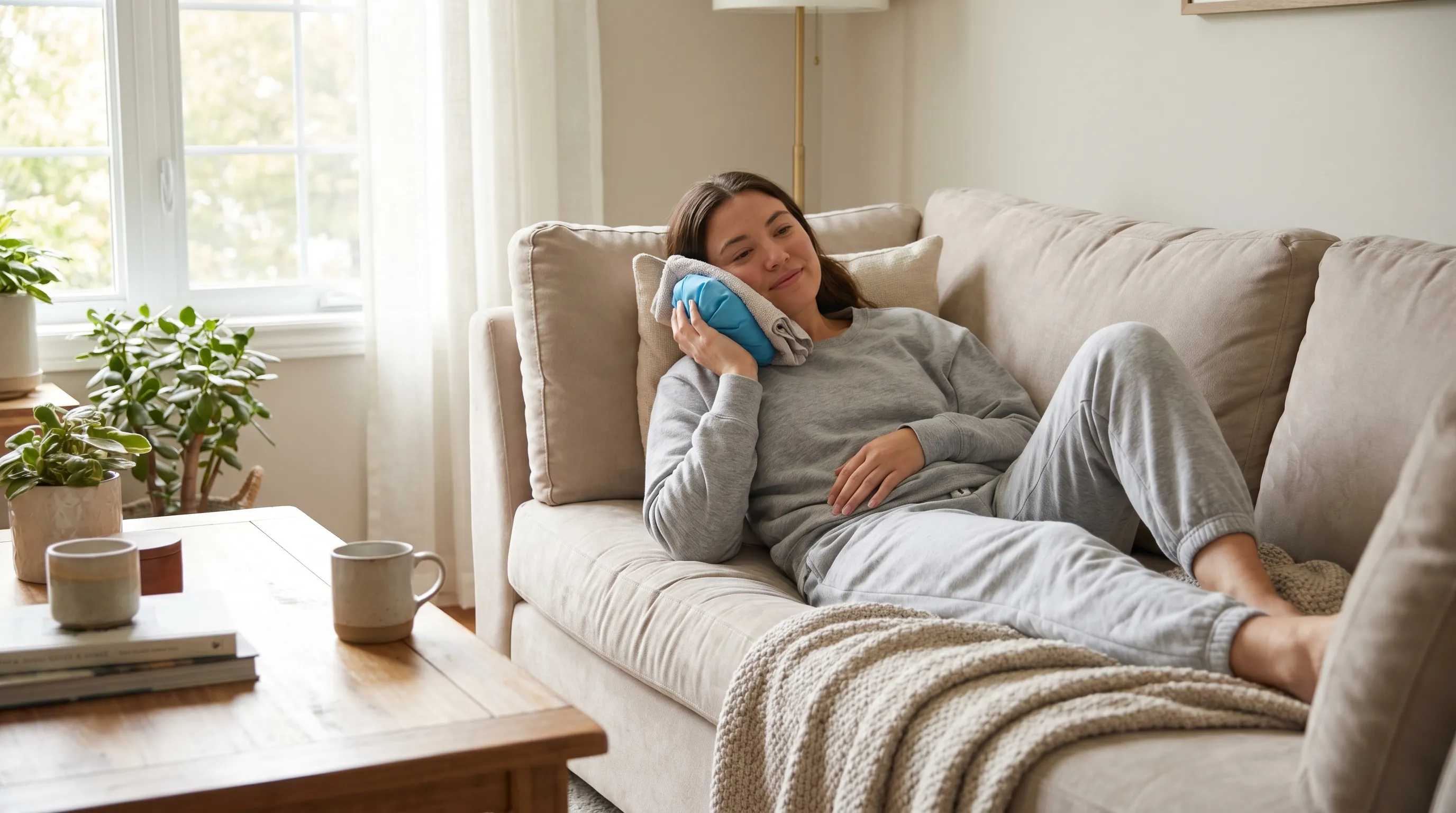 A patient resting comfortably on a sofa at home, applying a wrapped ice pack to their jaw, wearing soft loungewear, natural window lighting, conveying comfort and recovery