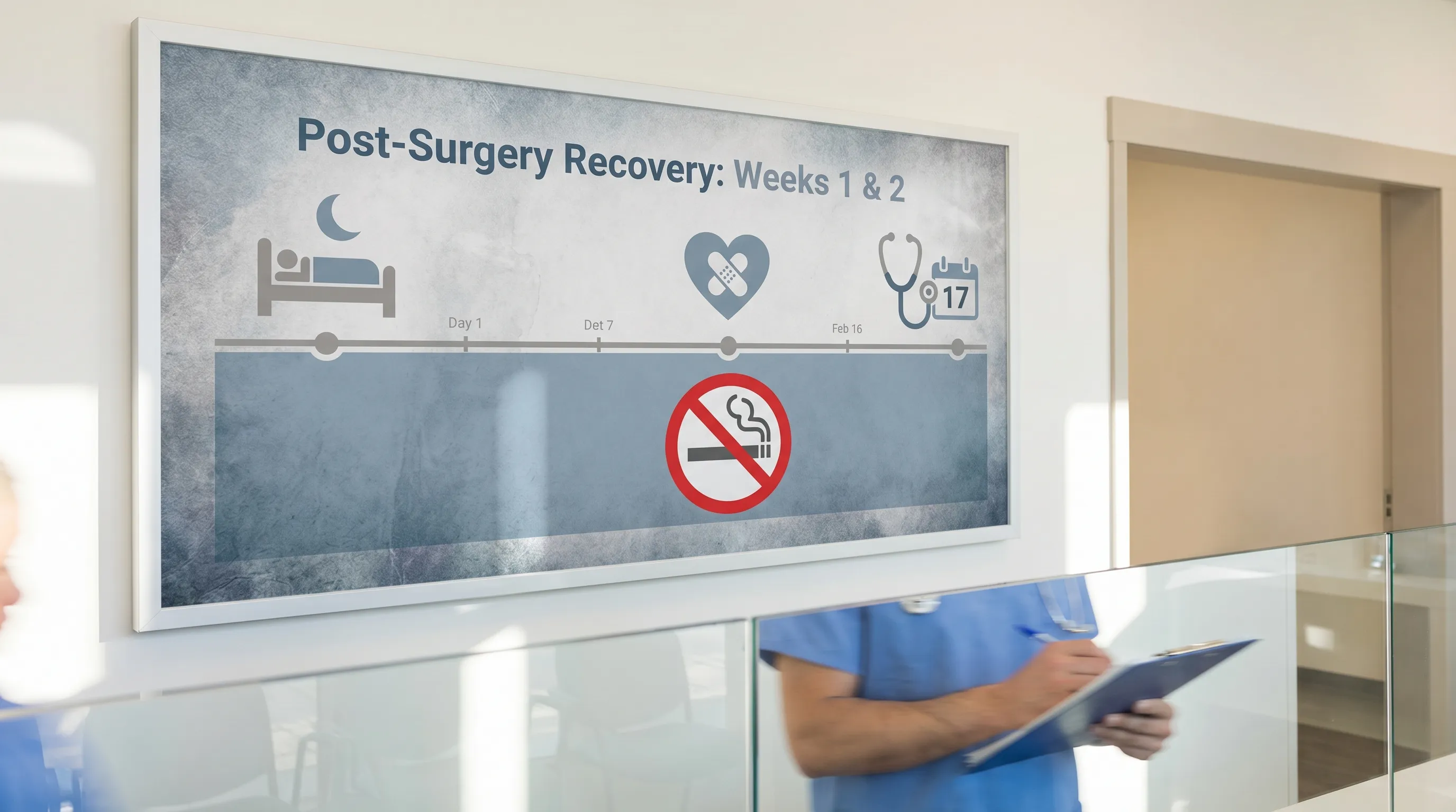 A timeline graphic illustrating the first two weeks of post-surgery recovery. Icons for rest, healing, and a doctor's follow-up are shown, with a firm 'no smoking' symbol over the entire period.