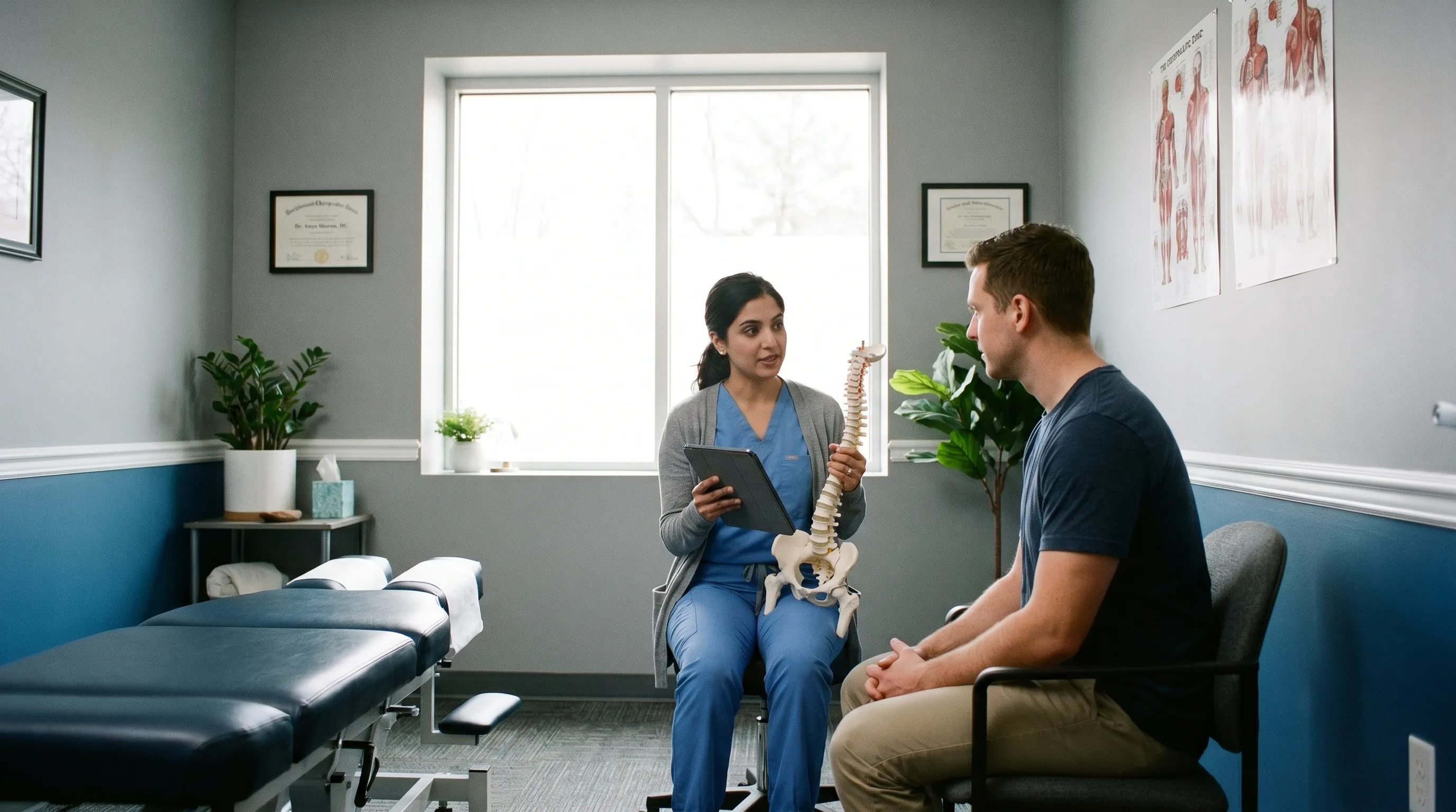 A practitioner carefully reviewing a patient's spinal X-ray while discussing treatment options and safety precautions in a clinical setting