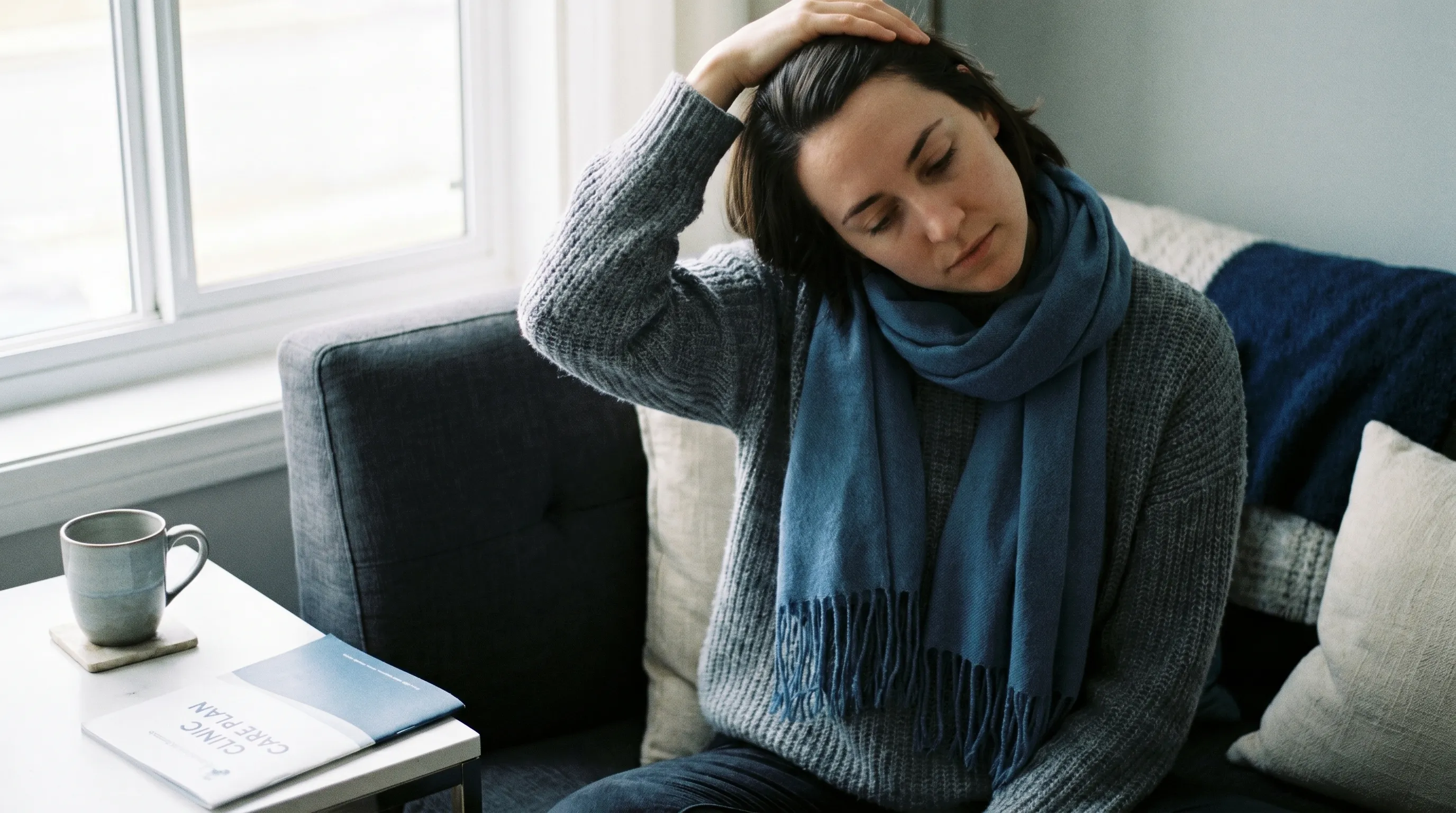 A person practicing gentle neck and shoulder stretches at home while monitoring recovery and maintaining proper posture