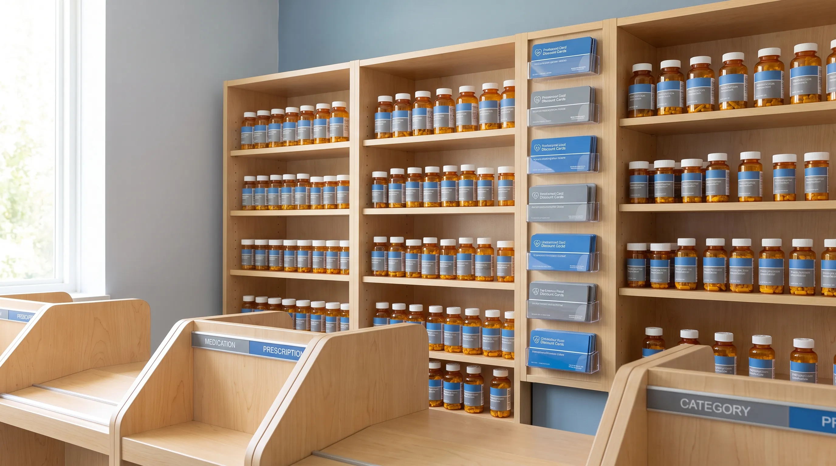 A clean, well-lit pharmacy shelf displaying organized rows of prescription medication bottles and discount cards on a wooden counter, with soft natural lighting and a focus on accessibility, 4:3 ratio, gray and blue tones