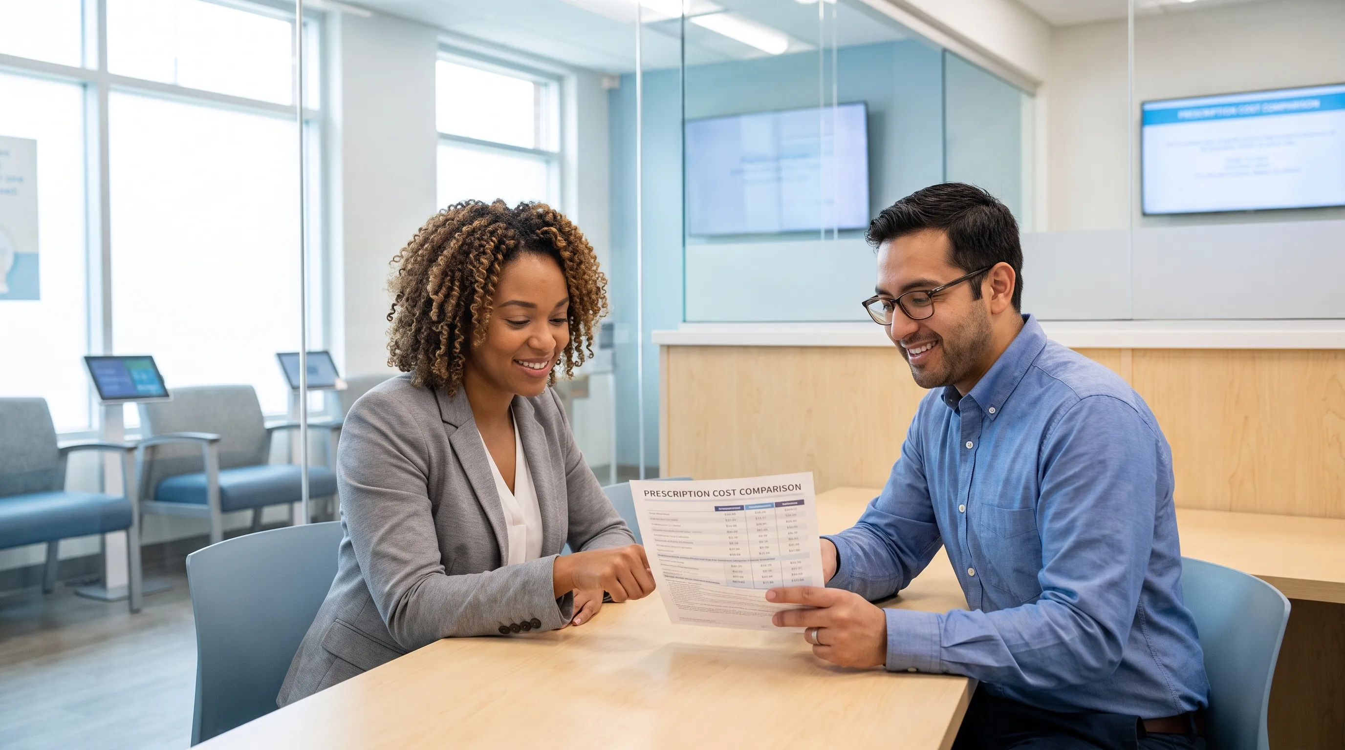 A diverse patient consulting with a pharmacist in a bright, modern clinic setting, reviewing a printed cost-comparison chart together, professional attire, gray and blue color palette, realistic lifestyle photography style, 4:3 ratio