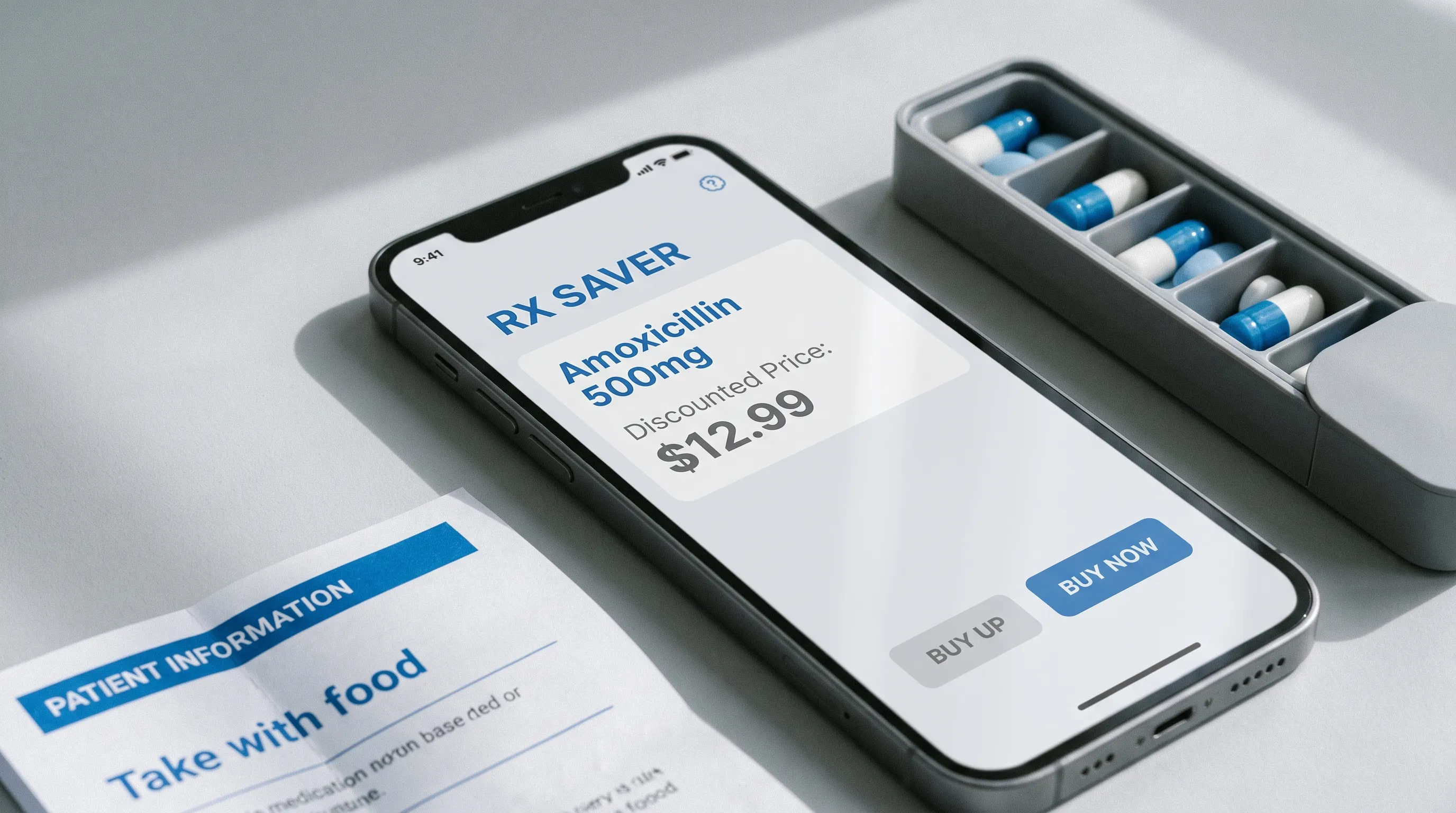 A close-up of a smartphone displaying a prescription discount app next to a pill organizer and medication information sheet, minimalist composition, soft shadows, gray and blue accent tones, 4:3 ratio