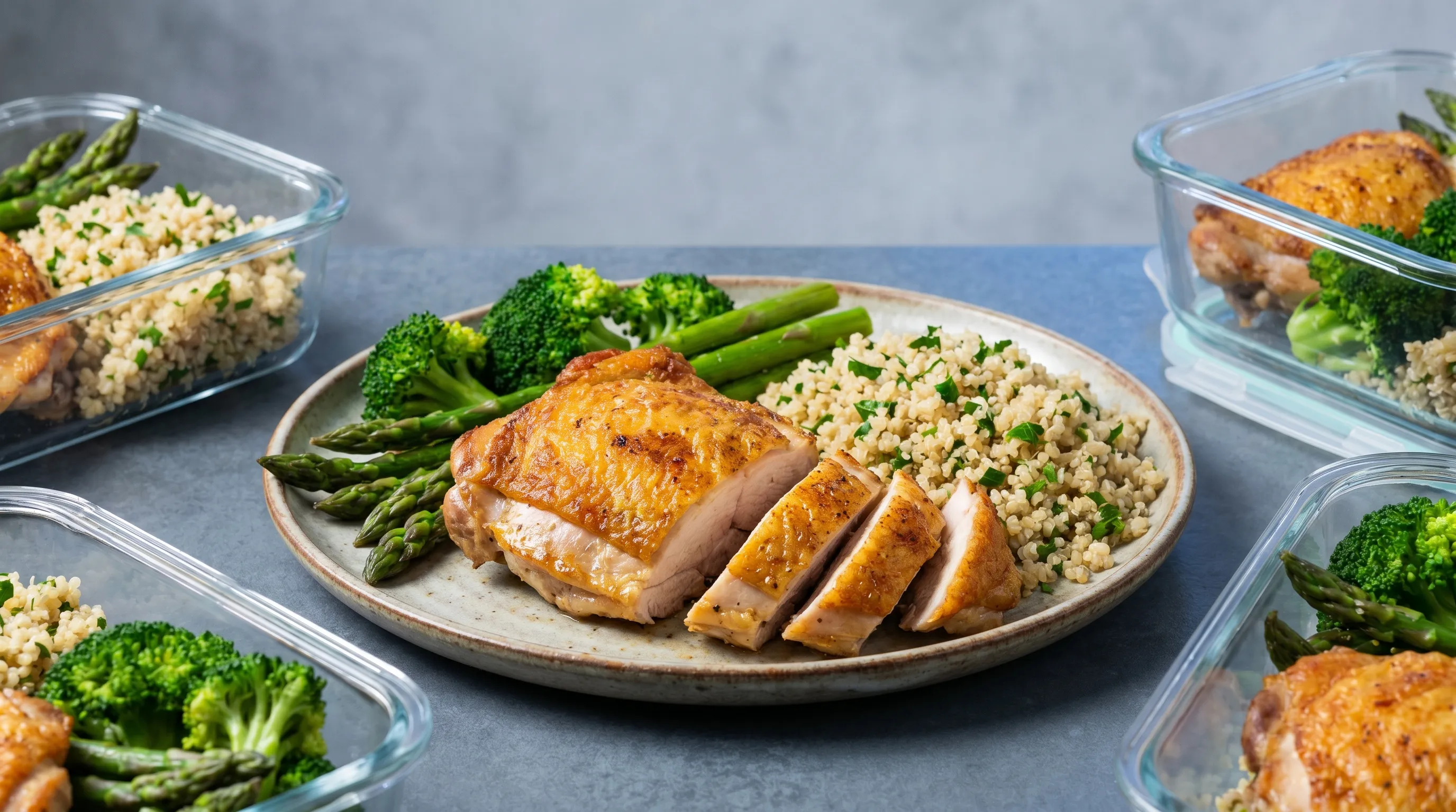 A close-up, professionally lit food photography shot of a perfectly roasted skin-on chicken thigh on a ceramic plate, surrounded by steamed green vegetables and quinoa, emphasizing meal prep and balanced nutrition, soft gray and blue lighting