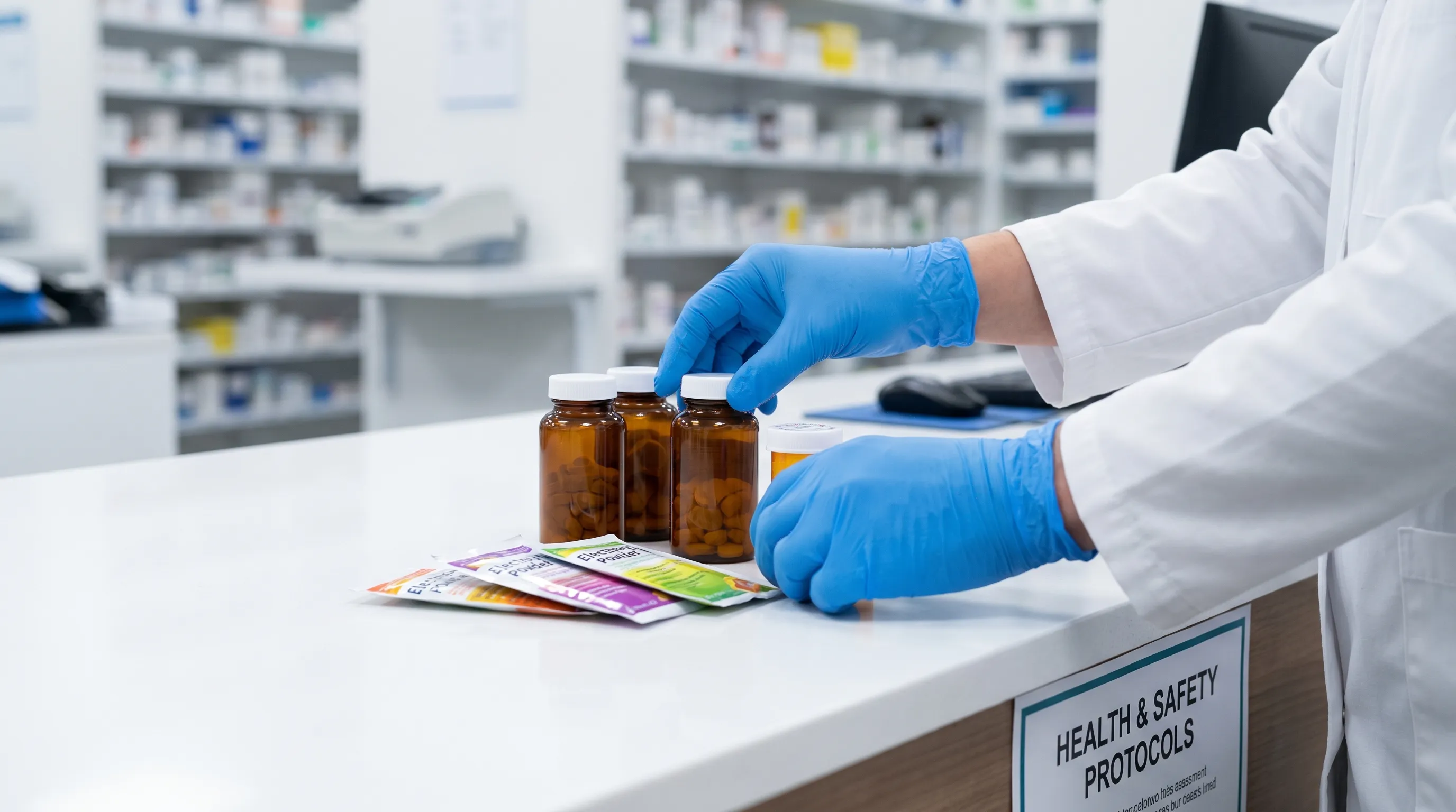 A close-up, professional photo of a pharmacist's hands organizing medication bottles and electrolyte supplements on a clean pharmacy counter, emphasizing health and safety.