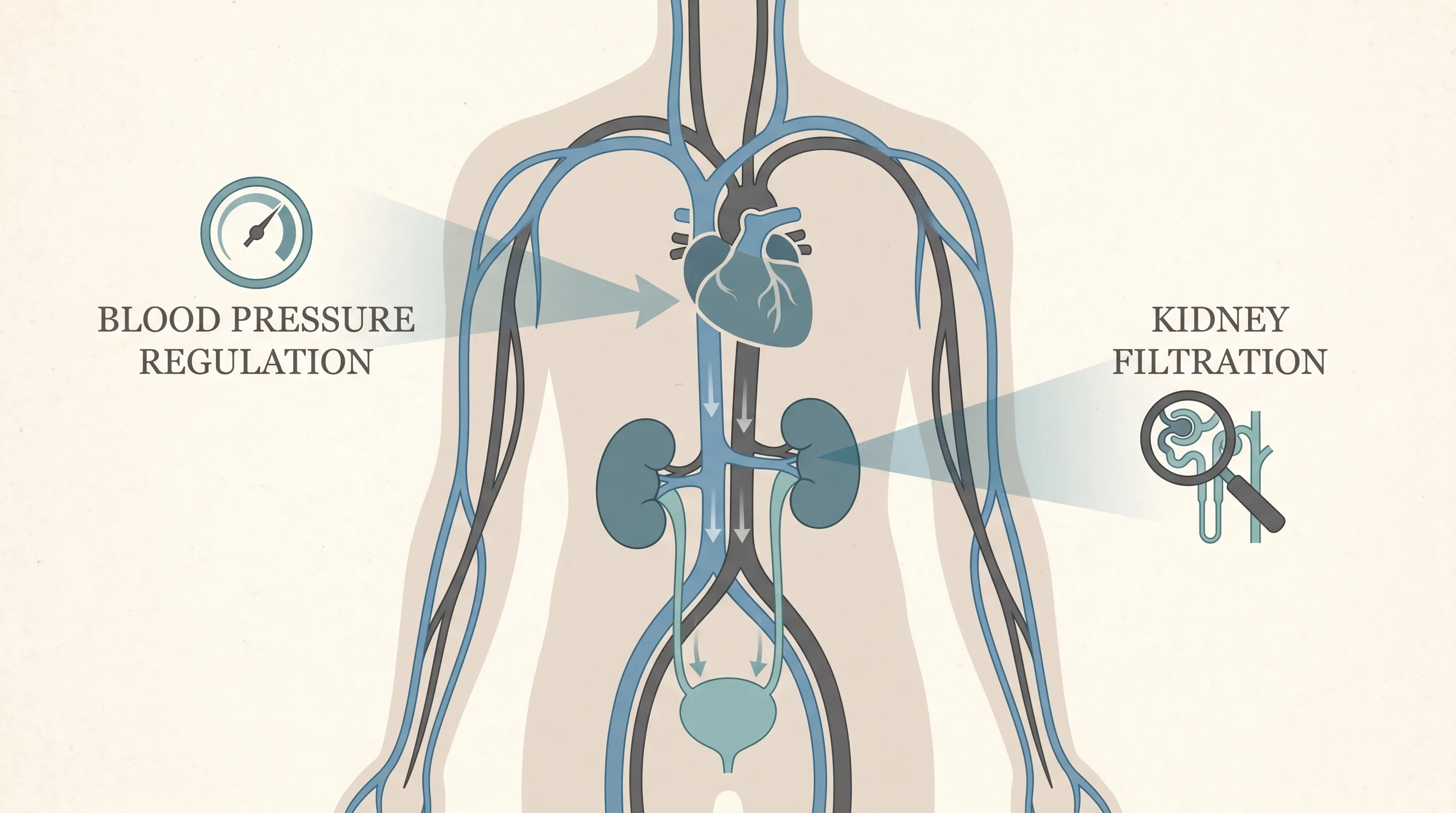 A calm, medically-themed illustration showing the human circulatory and renal systems with subtle blue and gray tones, highlighting blood pressure regulation and kidney filtration.