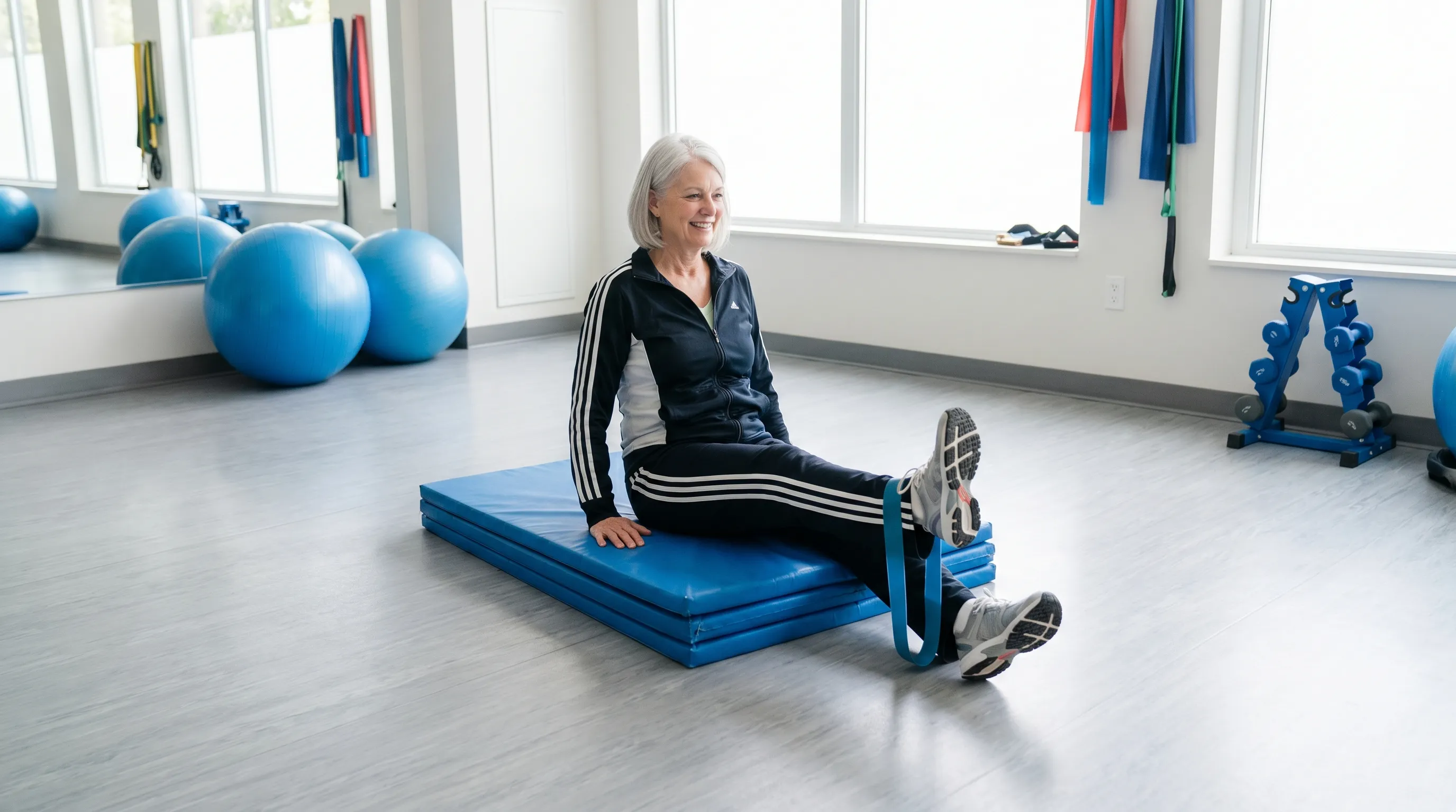 Person führt in einer klinischen Umgebung mit Blau- und Grautönen eine physiotherapeutische Übung auf einer Yogamatte durch