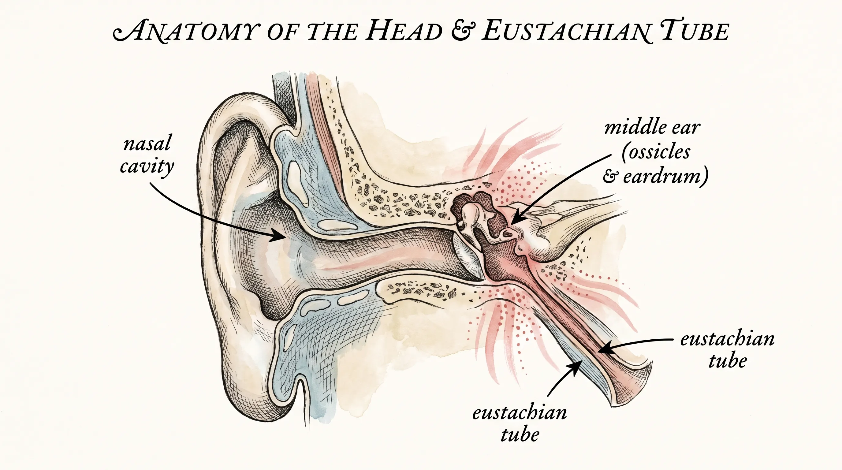 Anatomical view of the Eustachian tube and middle ear showing inflammation pathways