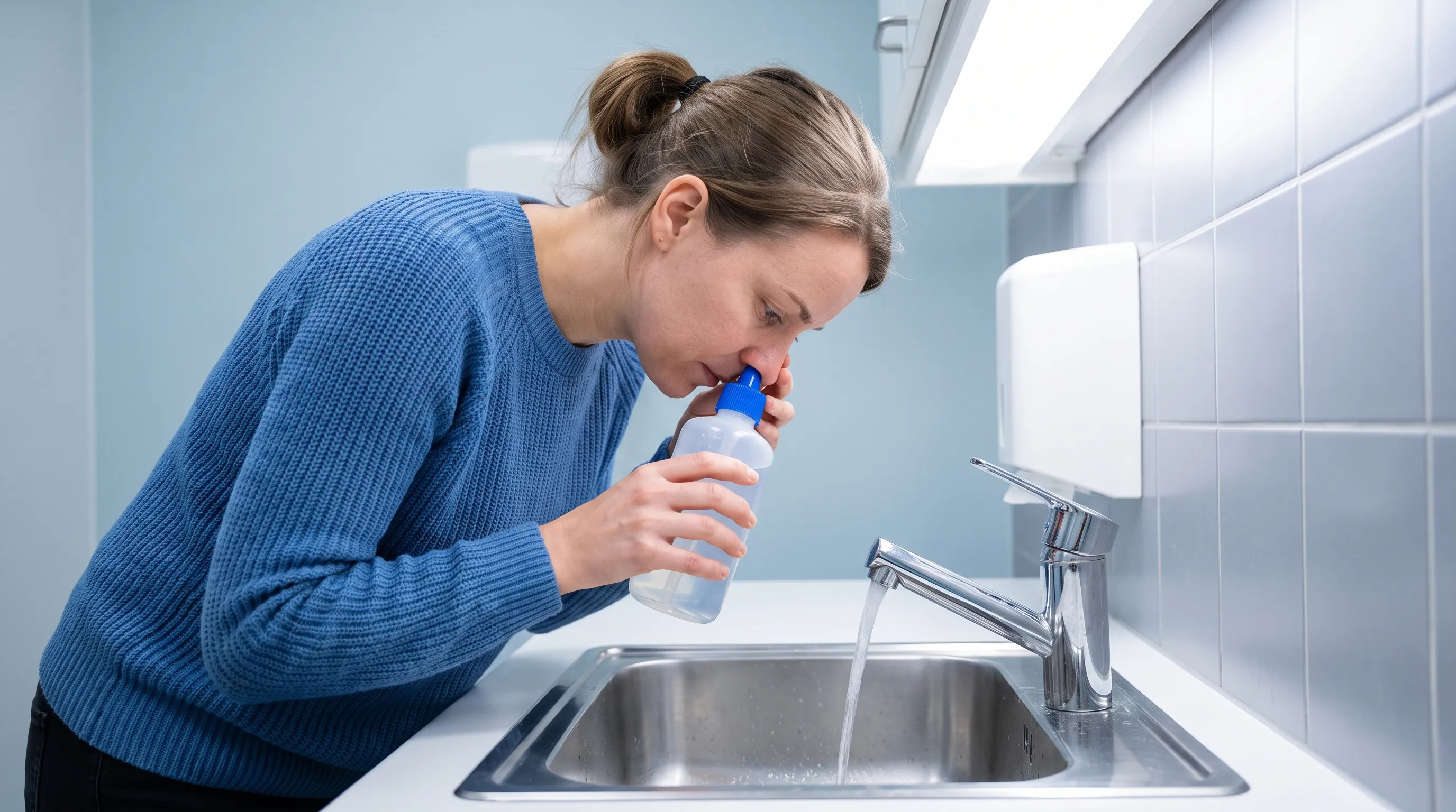 Patient performing saline nasal irrigation over bathroom sink with proper head positioning