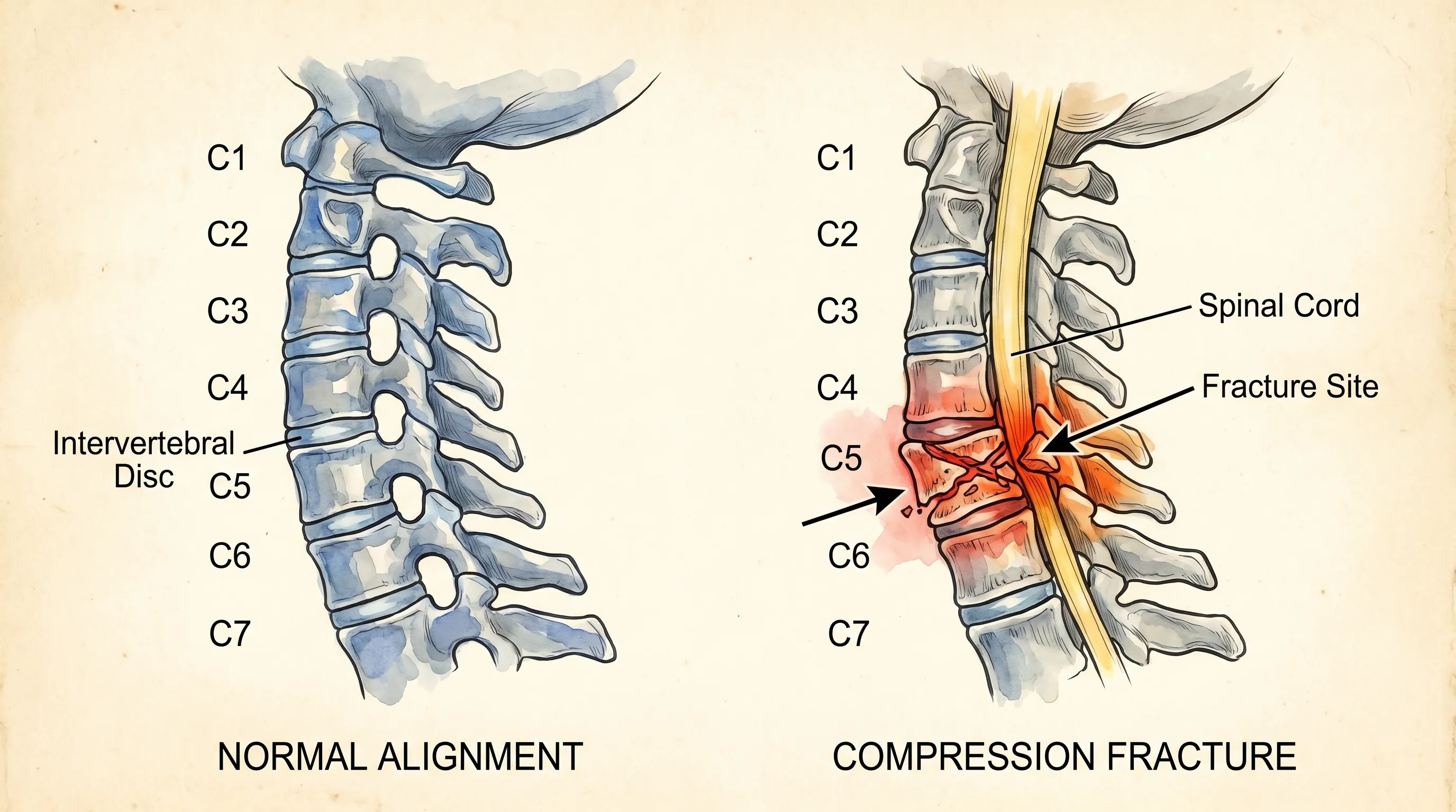A detailed anatomical illustration of the human cervical spine (C1-C7) with highlighted vertebrae, showing normal alignment versus a compression fracture. Clean medical textbook style with subtle blue and gray shading.