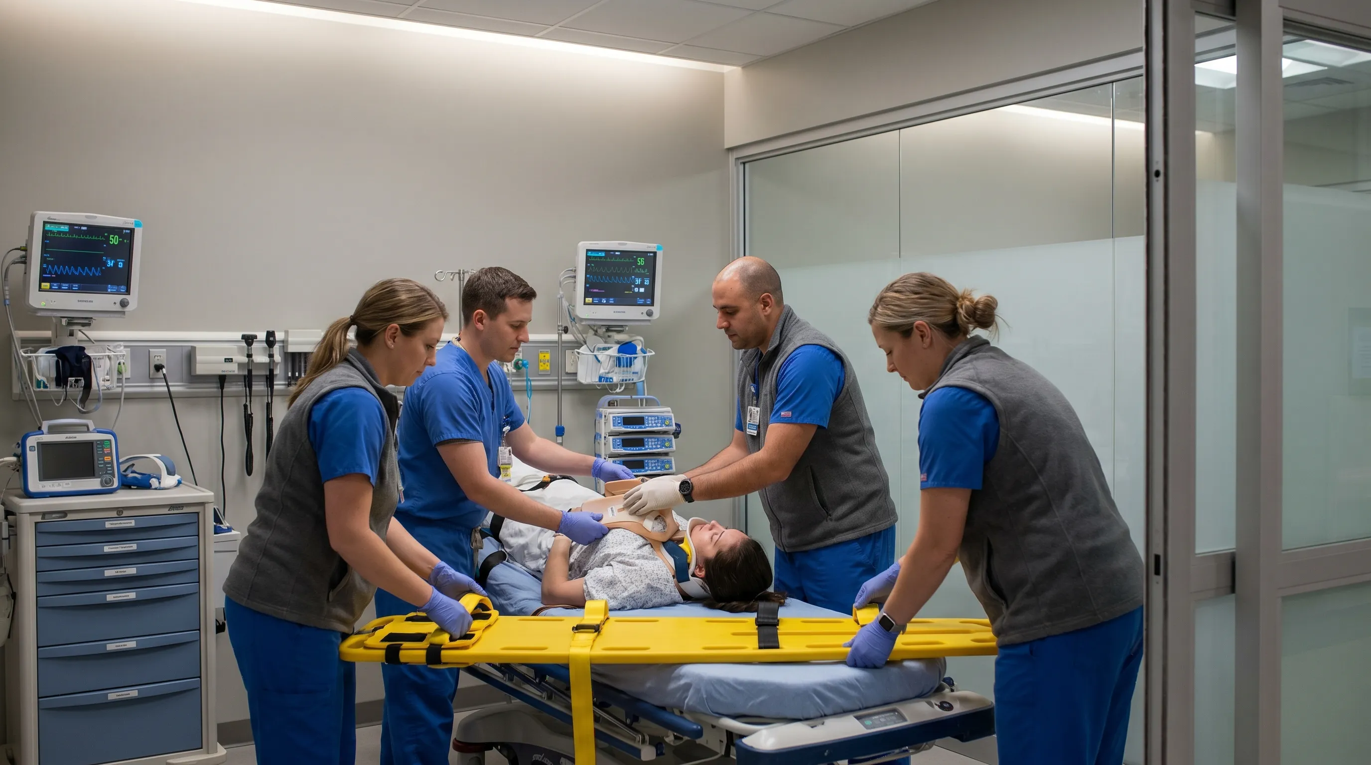 A modern emergency room setting where a trauma team is carefully immobilizing a patient's neck using a rigid cervical collar and spinal board. Soft clinical lighting, blue and neutral gray color palette, realistic and professional.