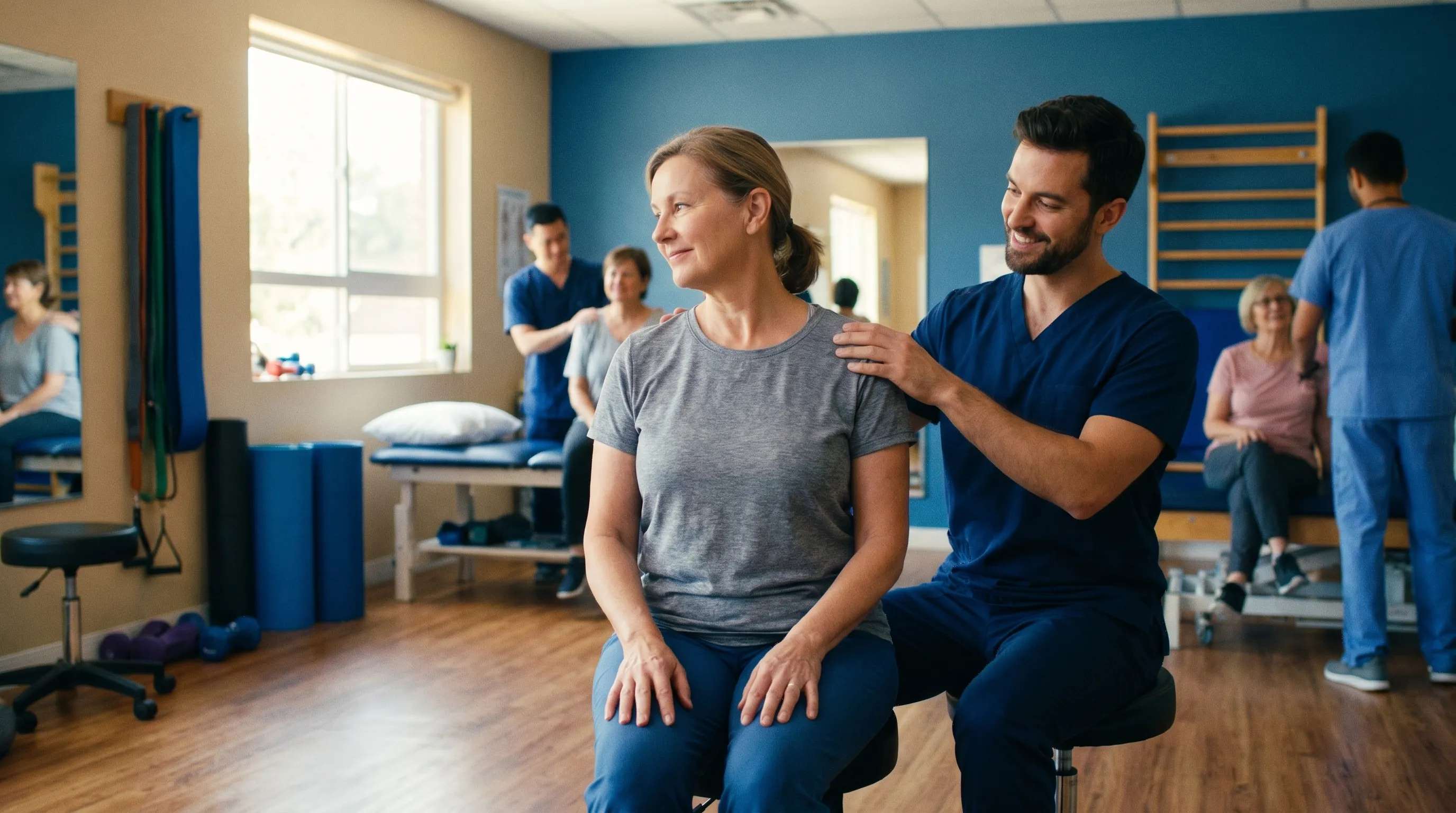 A physical therapy clinic scene with a patient performing gentle cervical range-of-motion exercises under supervision. Warm but clinical lighting, blue accent tones, 4:3 aspect ratio, realistic lifestyle photography.