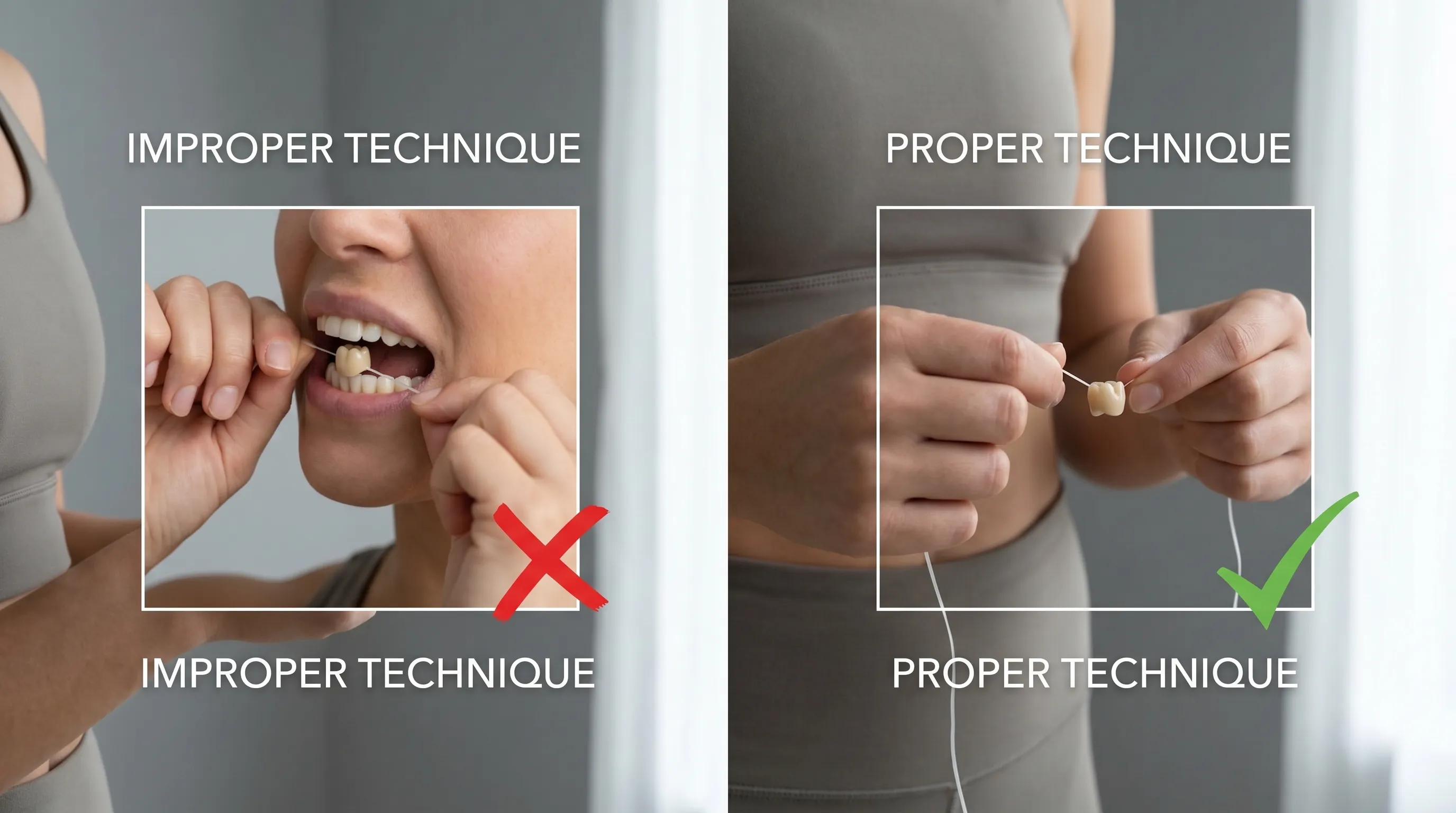 A split-screen lifestyle image showing proper flossing technique around a temporary dental crown, with clean gray background and soft lighting, health and wellness photography style