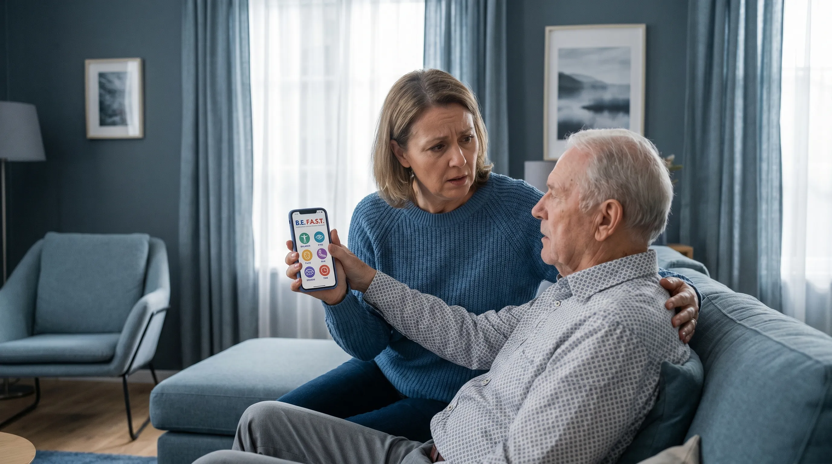 concerned family member using B.E. F.A.S.T. checklist on smartphone while supporting patient