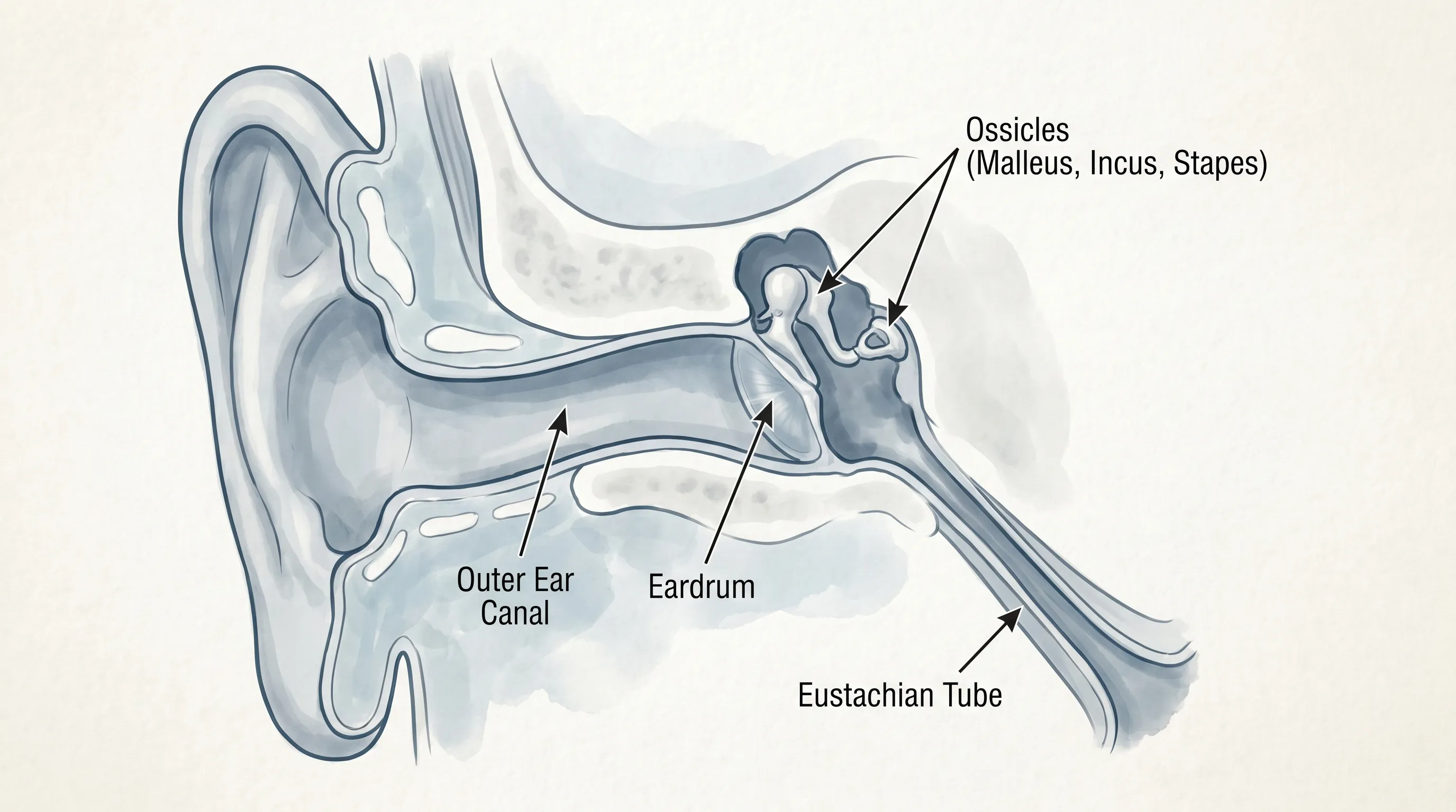 descriptive alt text showing a detailed medical illustration of the human ear anatomy with labeled components including the outer canal, eardrum, ossicles, and Eustachian tube in professional clinical blue tones