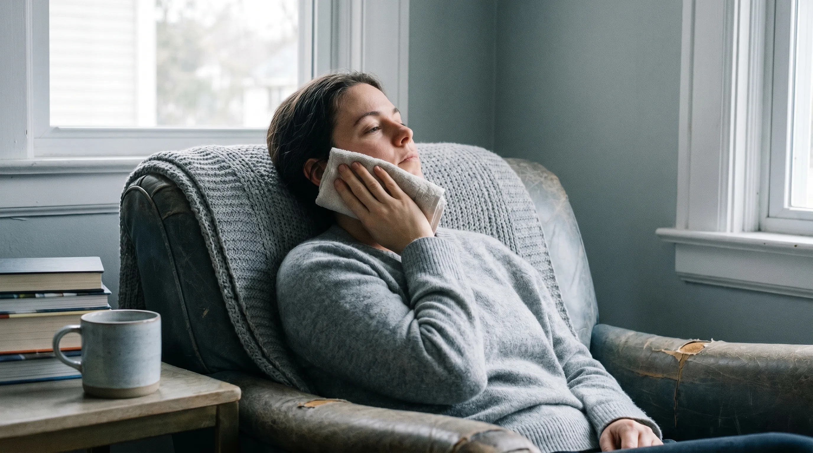 alt text showing a person using a warm compress on their ear and jaw while sitting in a calm, softly lit home environment with blue and gray tones