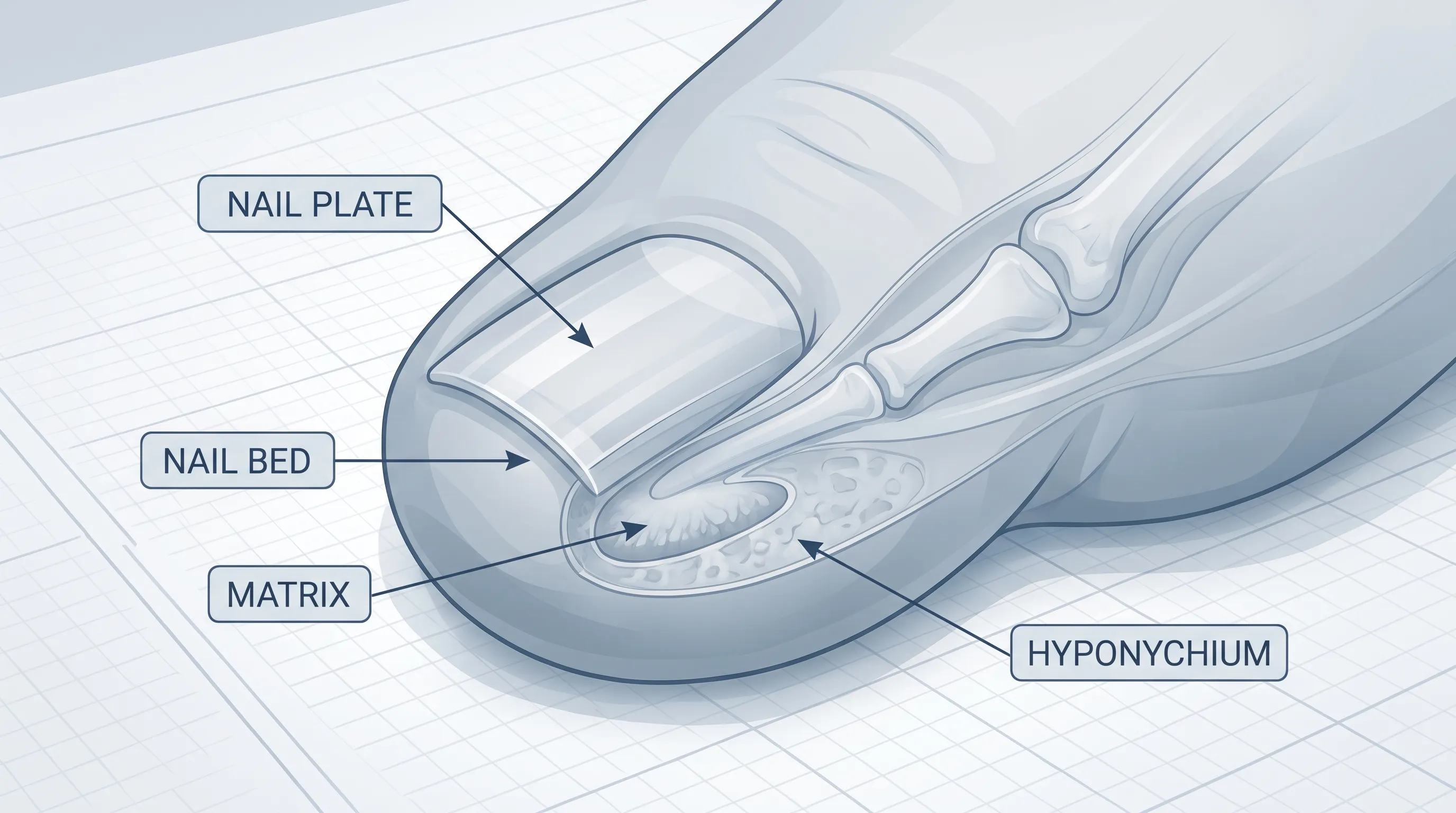 Anatomical cross-section illustration of a healthy toenail showing the matrix, nail plate, bed, and surrounding tissue with subtle medical infographic styling