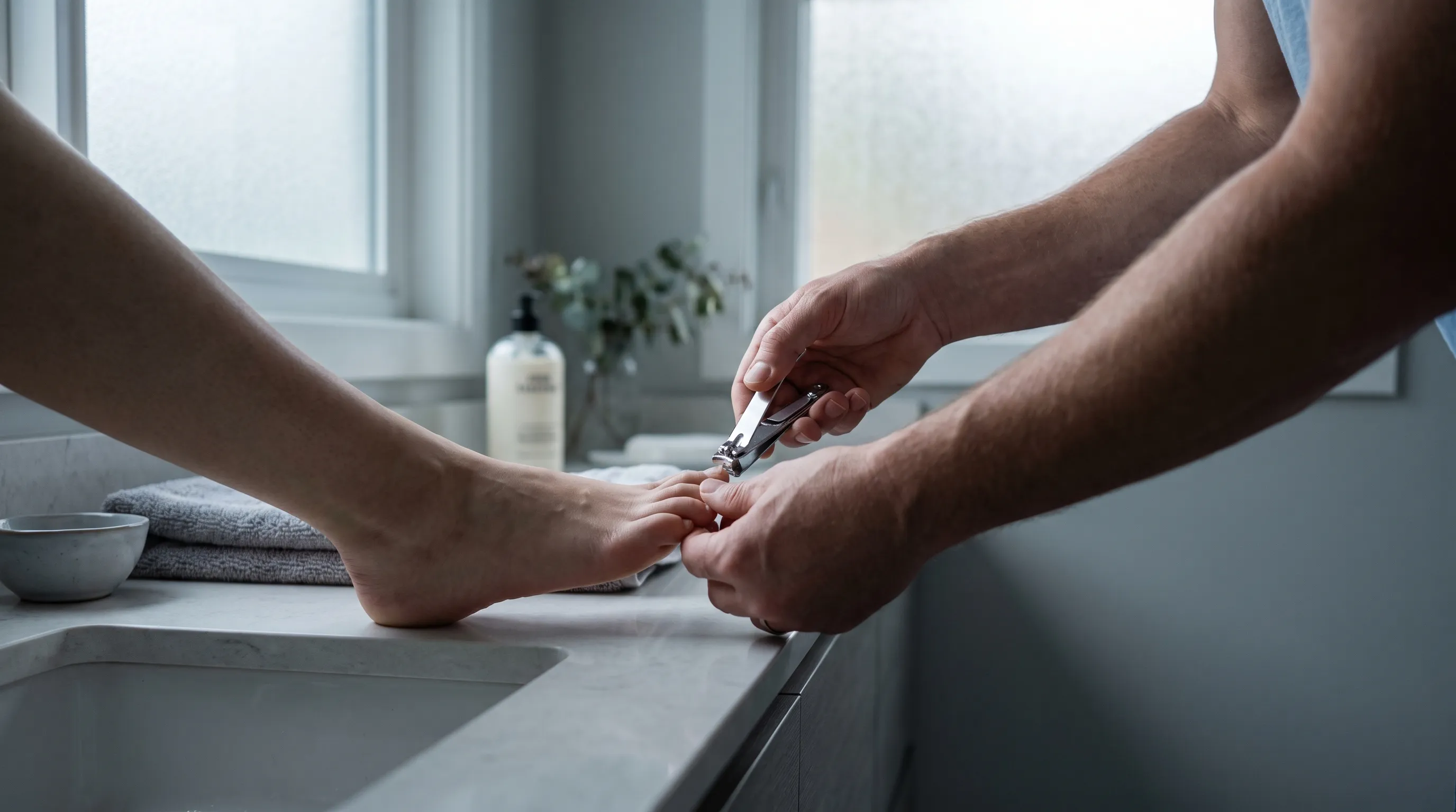 Lifestyle wellness photo of an adult carefully trimming toenails straight across with clean clippers on a clean bathroom counter