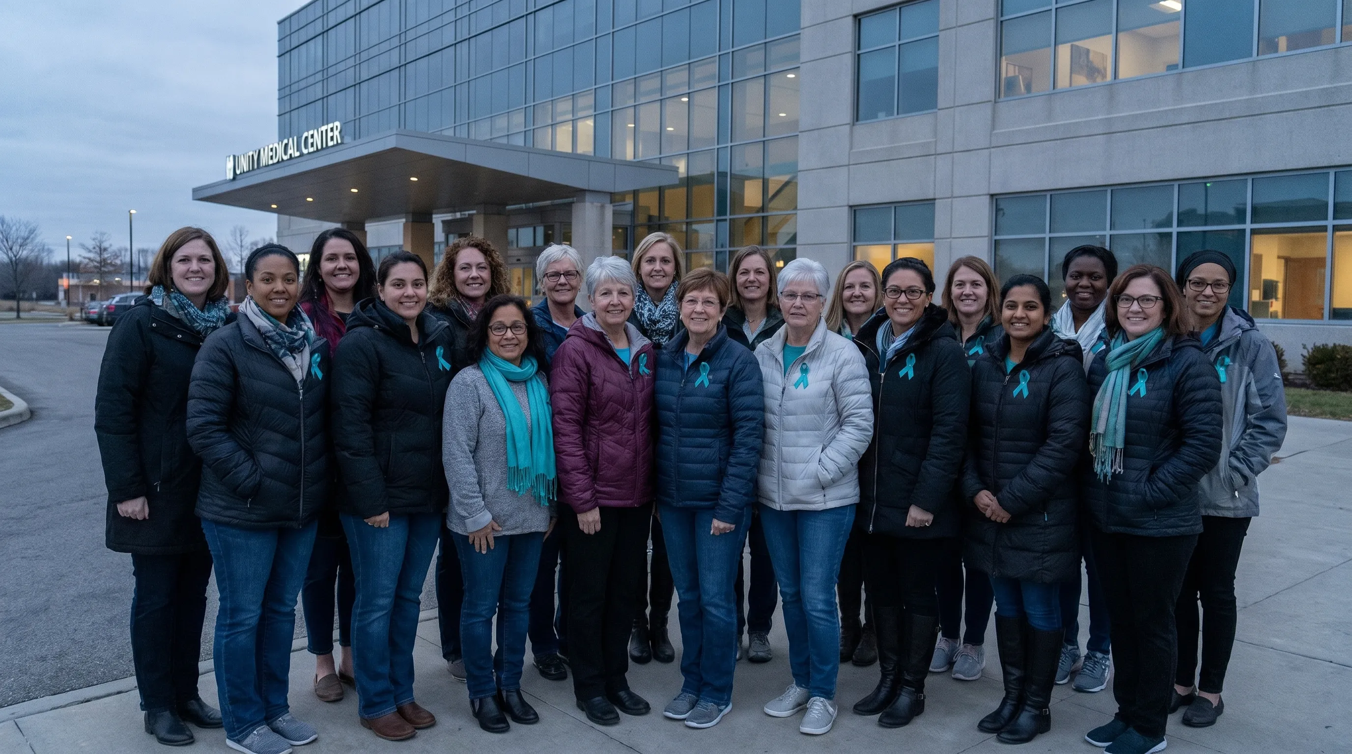 A diverse group of women wearing teal awareness ribbons while standing together outside a modern hospital during early morning light