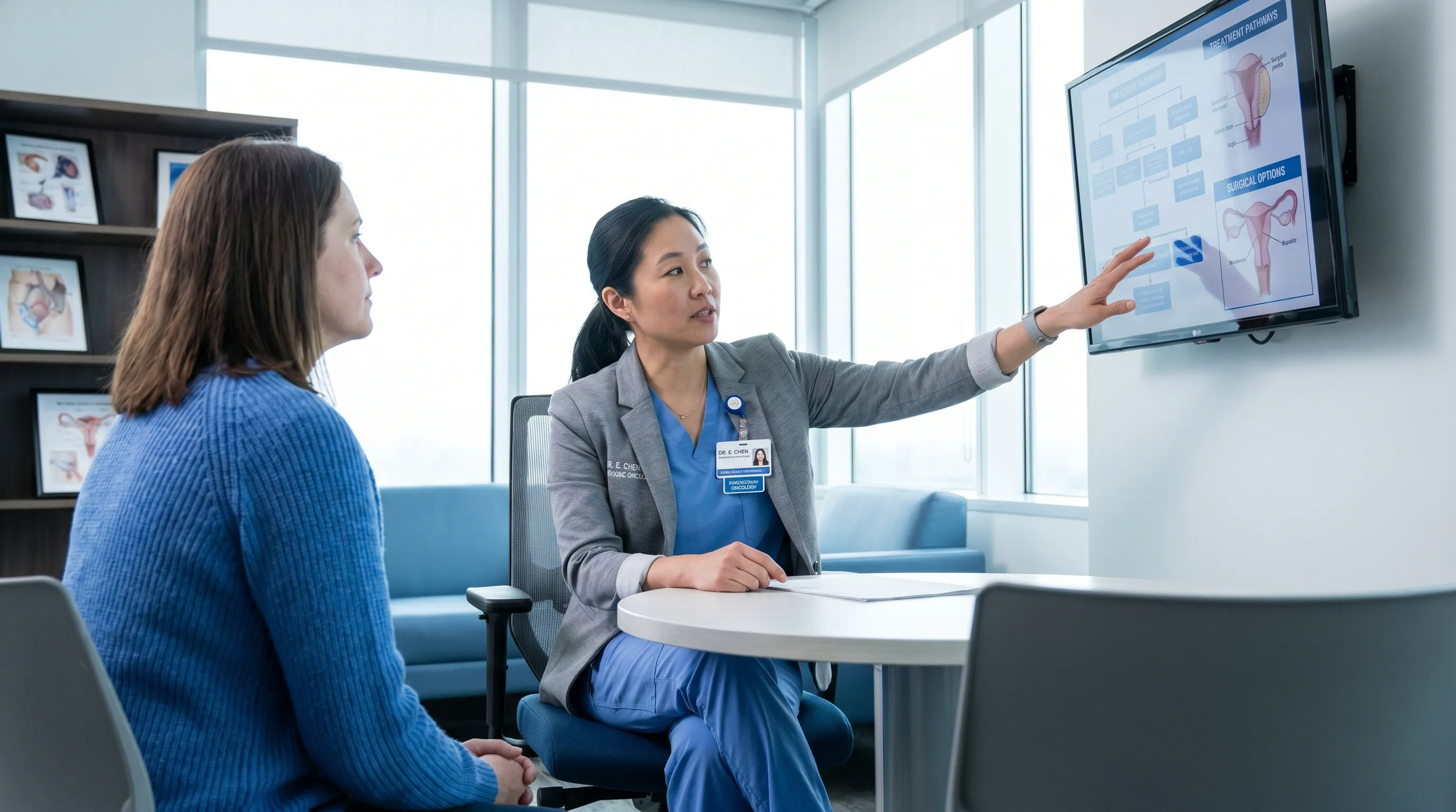 A female oncologist explaining treatment pathways to a patient in a well-lit clinic room with informational diagrams visible in the background