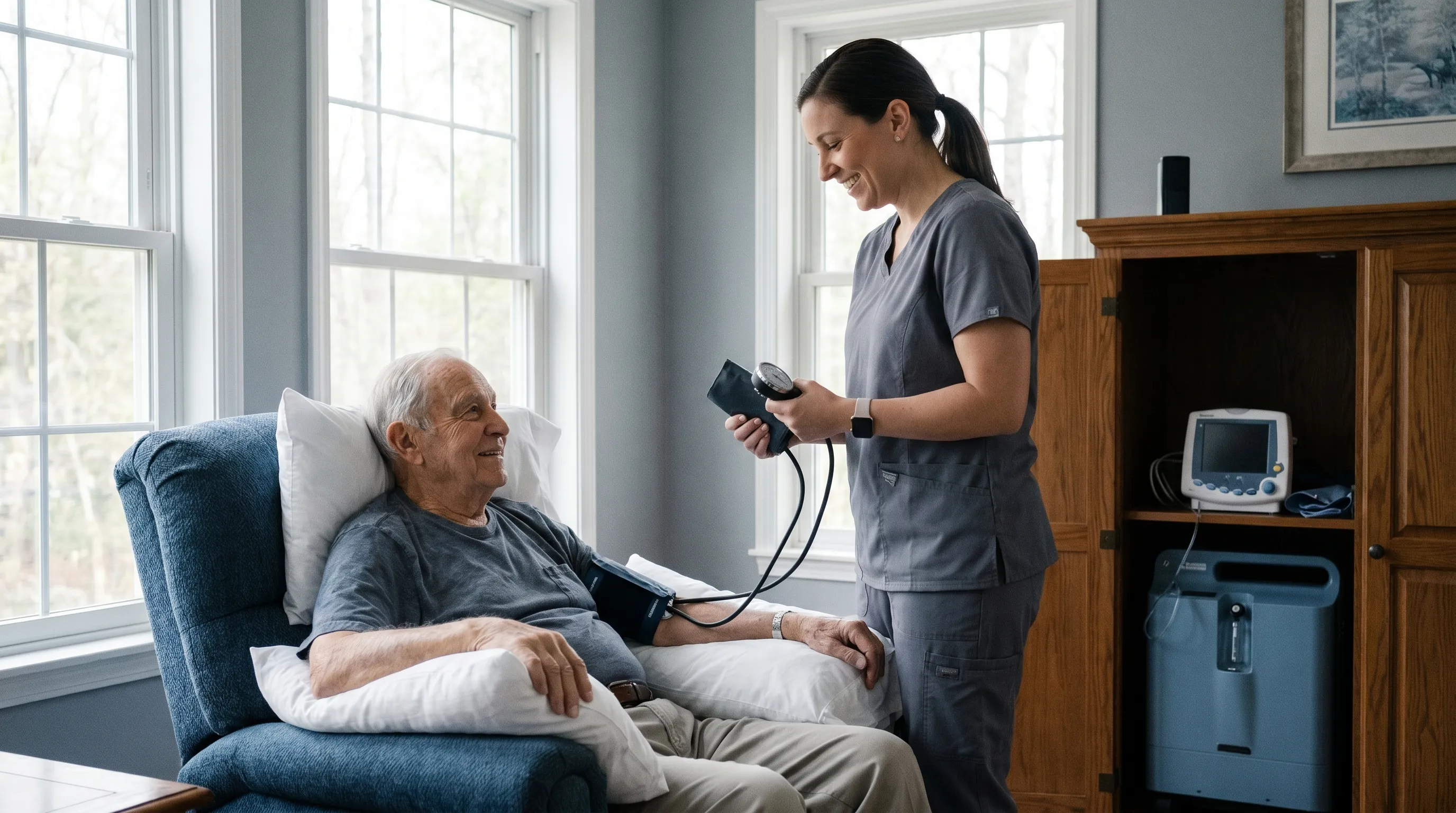 A compassionate medical consultation scene showing a palliative care specialist reviewing symptom management plans with a patient and family member in a quiet clinical setting, soft lighting with gray and blue tones